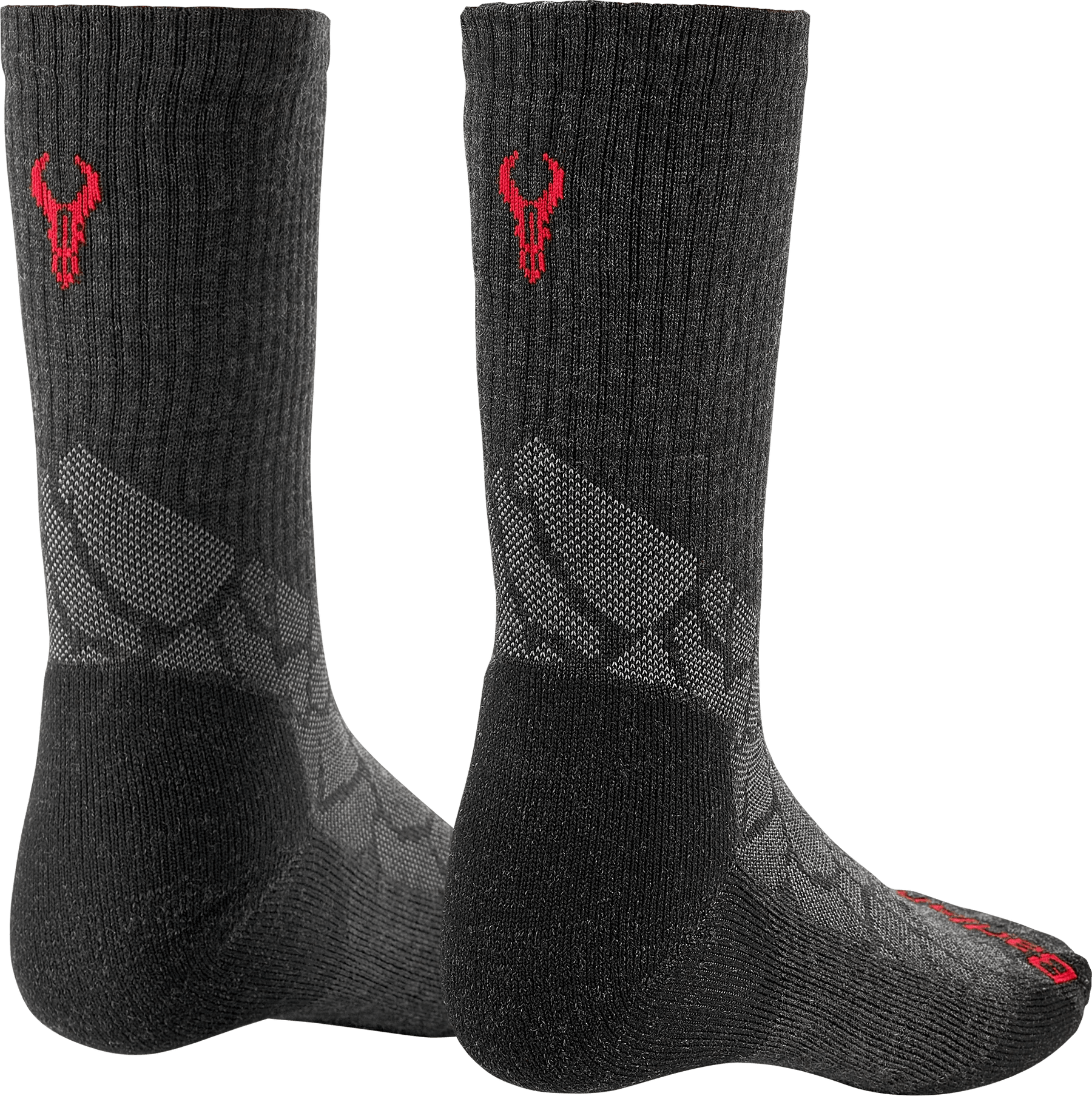 Dark gray crew socks with red bull skull logo and geometric heel pattern