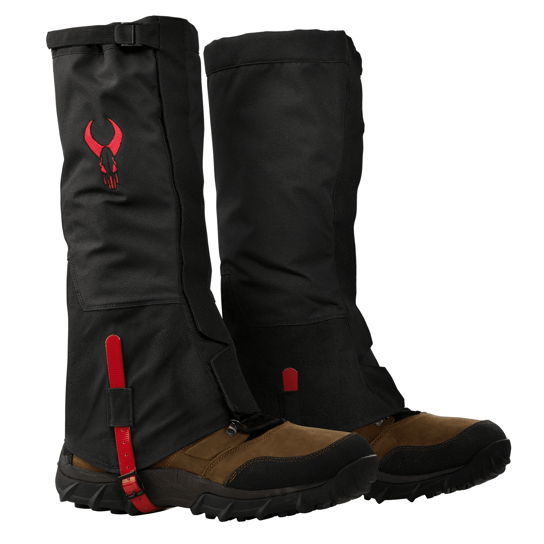 Black Badlands Master Gaiter with red logo and straps over brown hiking boots