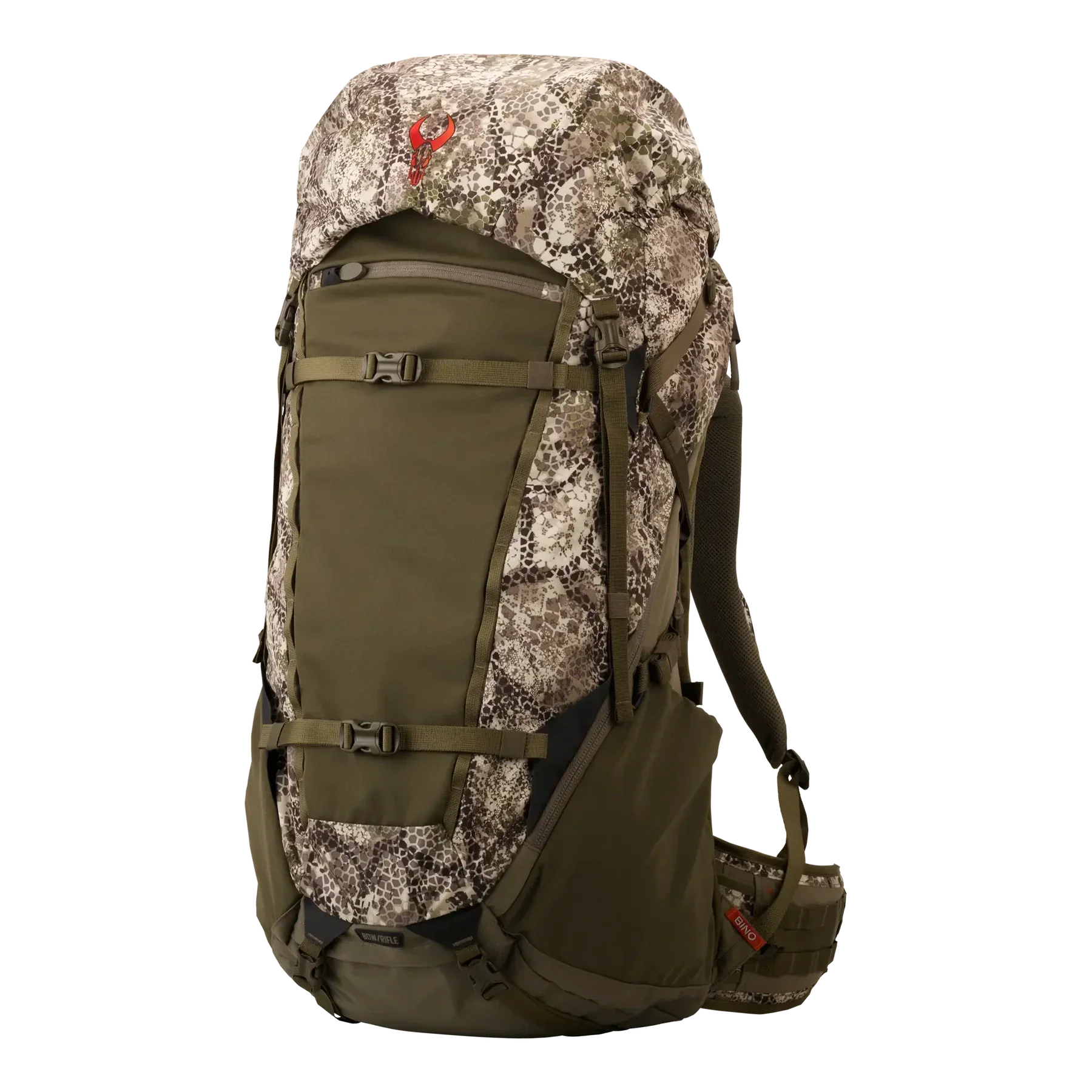 Camo hunting backpack with olive green panels and embroidered deer skull logo