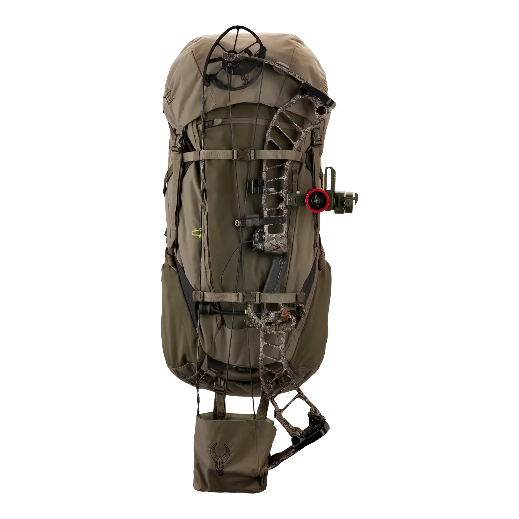 Coyote brown hunting backpack with attached camouflage compound bow, isolated on black background.