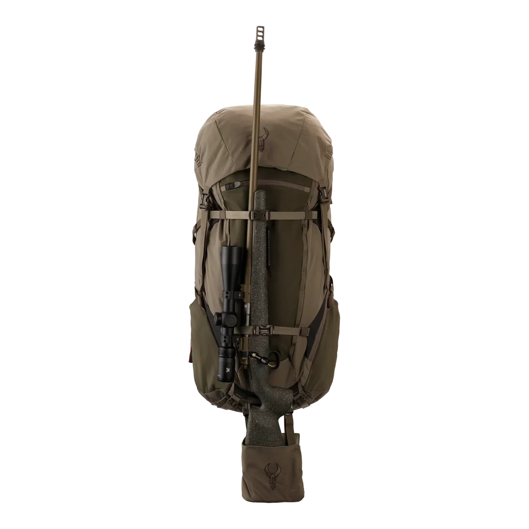Hunting backpack in olive green with rifle holder and scope, gear storage, black background