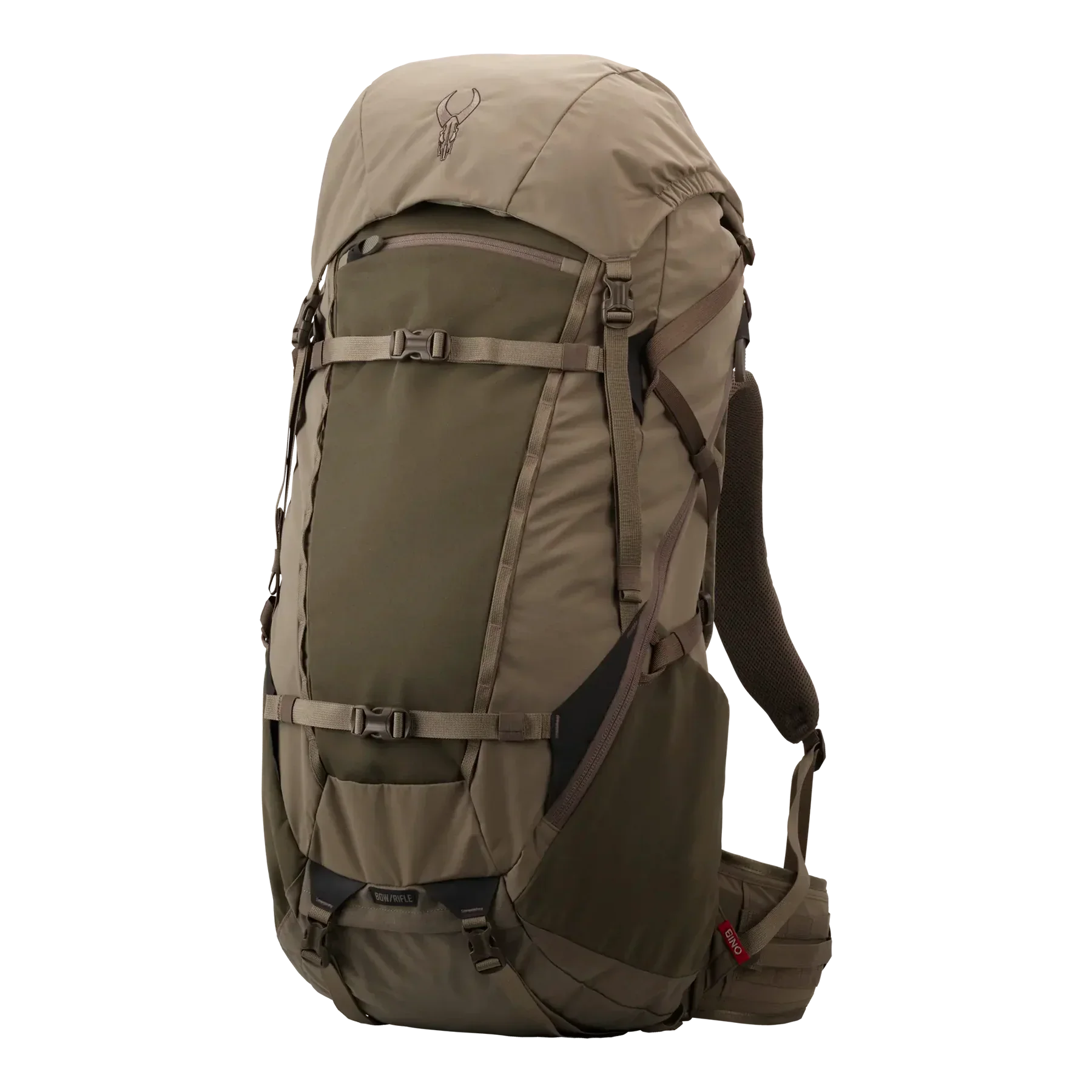 Large olive green hiking backpack with padded straps and multiple buckles on black background