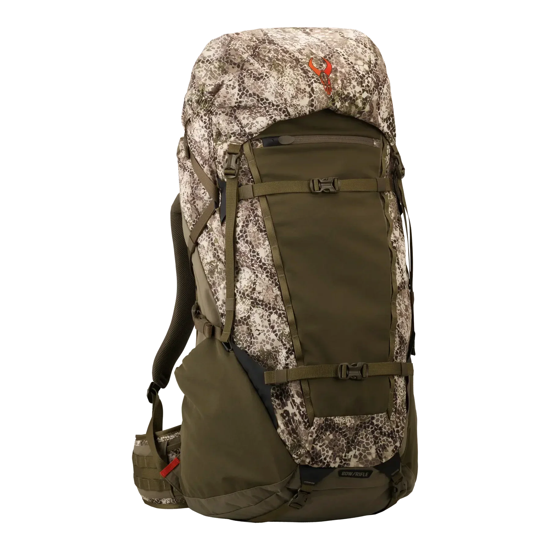 Large camouflage hunting backpack with olive green panels and orange antler logo on top