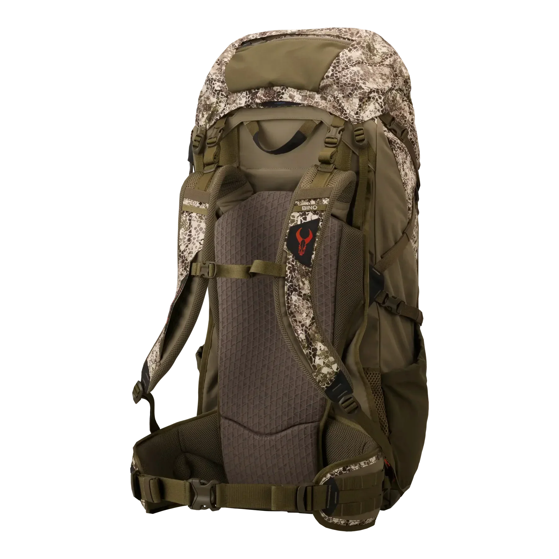 Camo hiking backpack with padded straps, back support, and multiple compartments