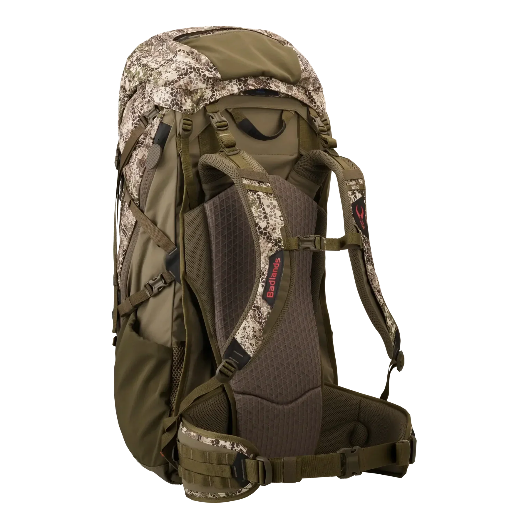 Camo hiking backpack with padded straps, hip belt, and Badlands logo, outdoor gear