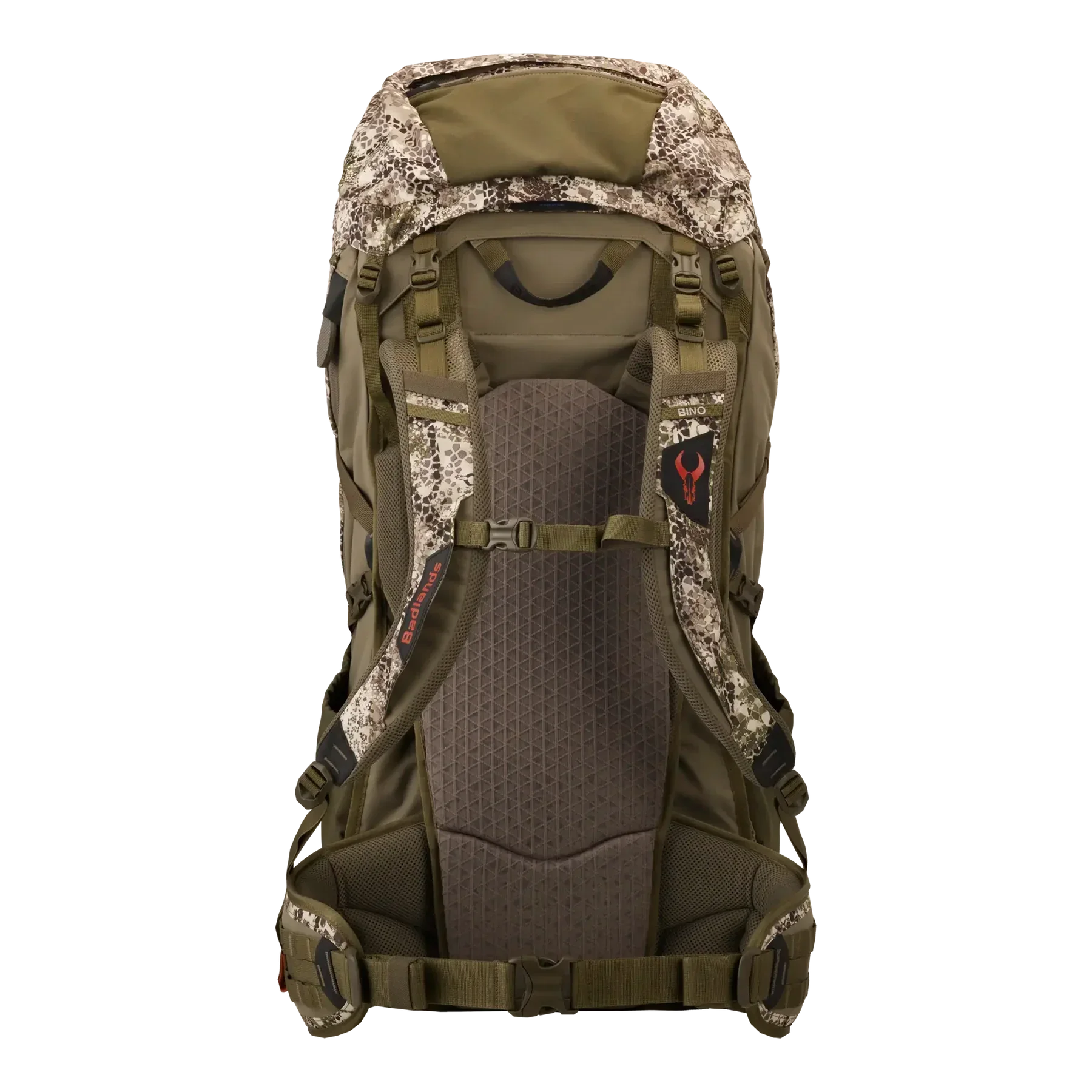 Camo frame hunting backpack with padded straps and back support, olive and tan color