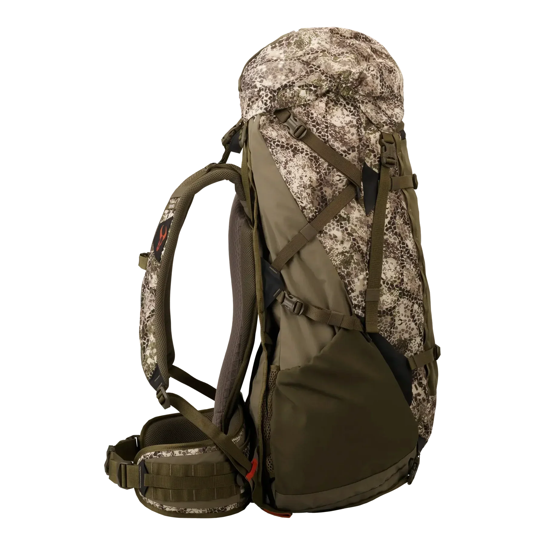 Camo hiking backpack with multiple straps and padded hip belt against black background