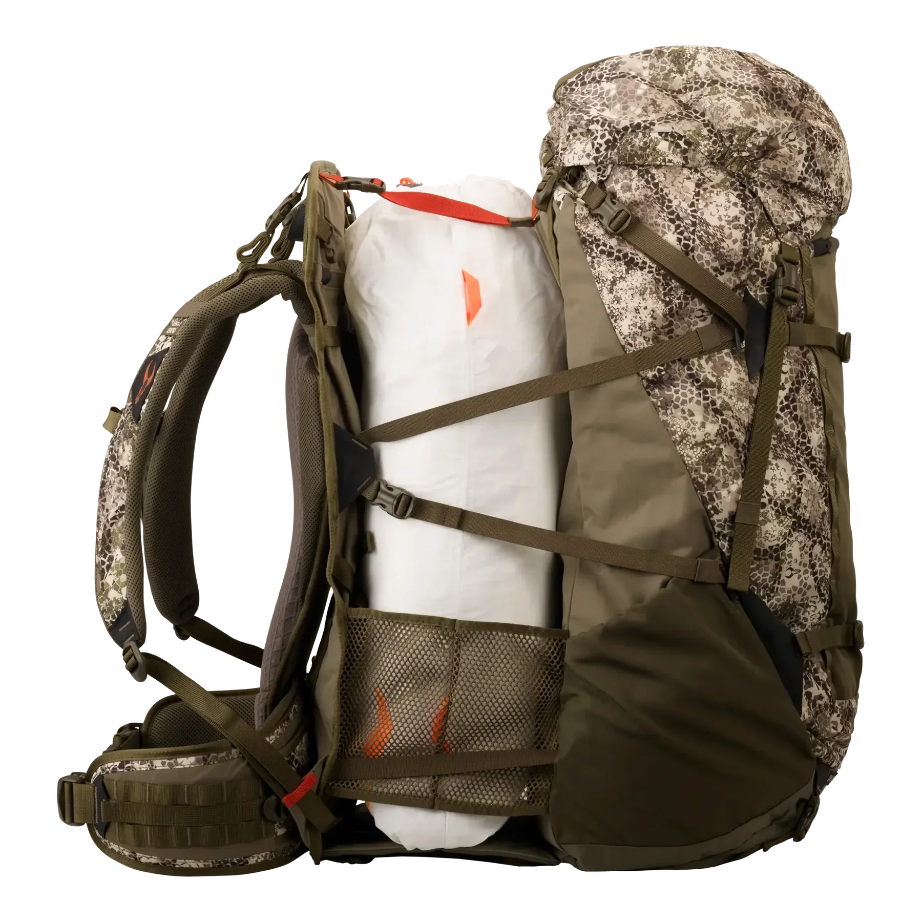 Camo hiking backpack with mesh pocket holding a white bag, side view, outdoor gear