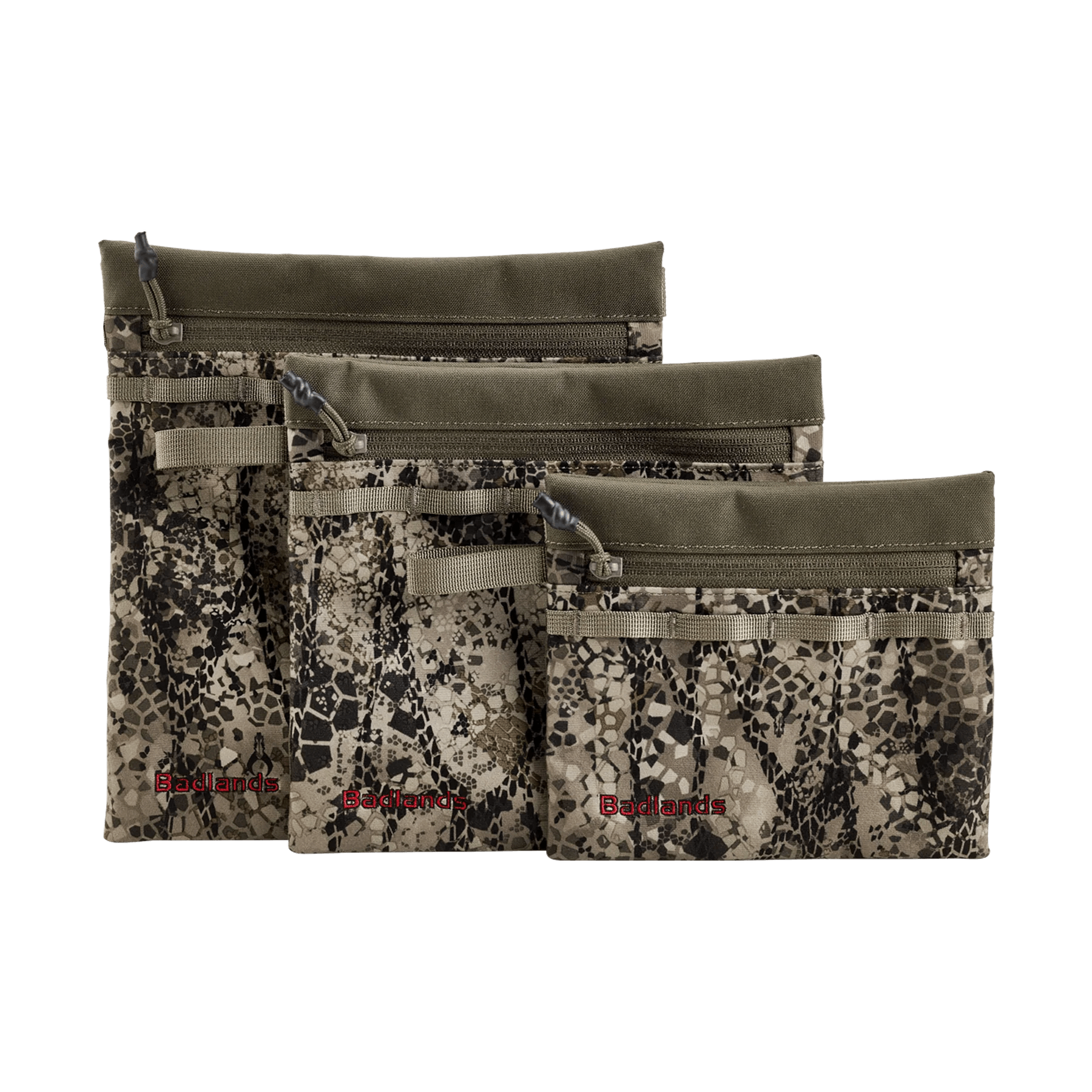 Set of three camouflage Badlands zip pouches with khaki trim and outdoor gear pattern