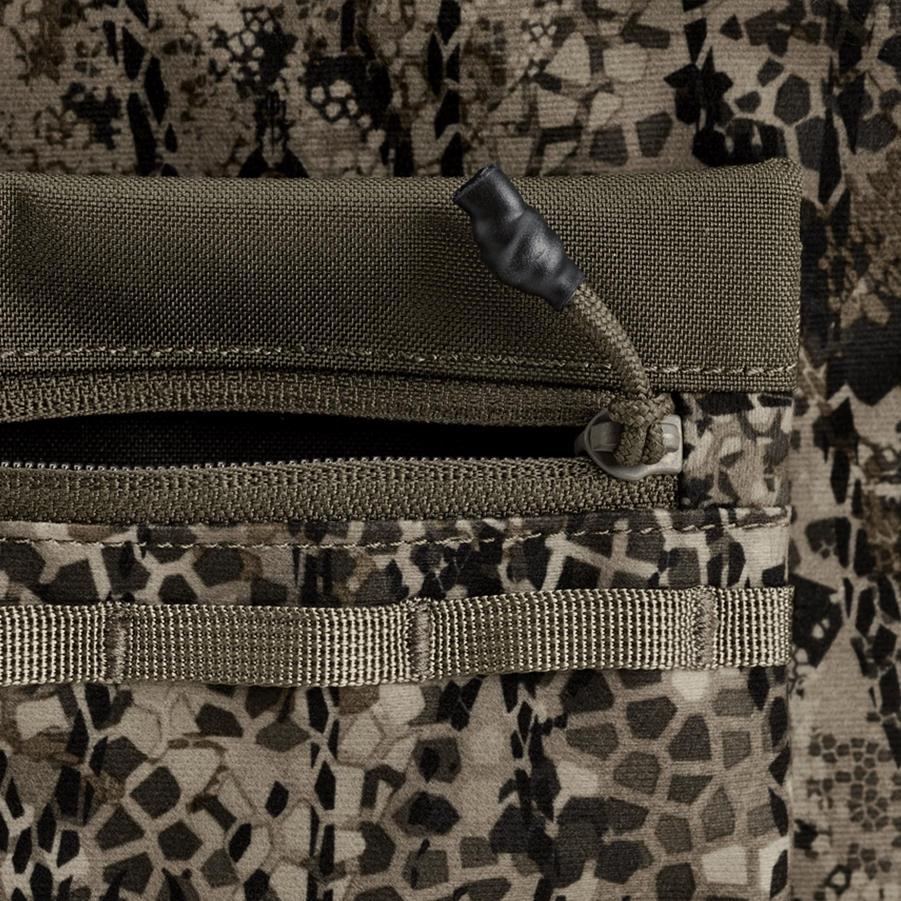 Close-up of camouflage fabric pocket with zipper and MOLLE webbing