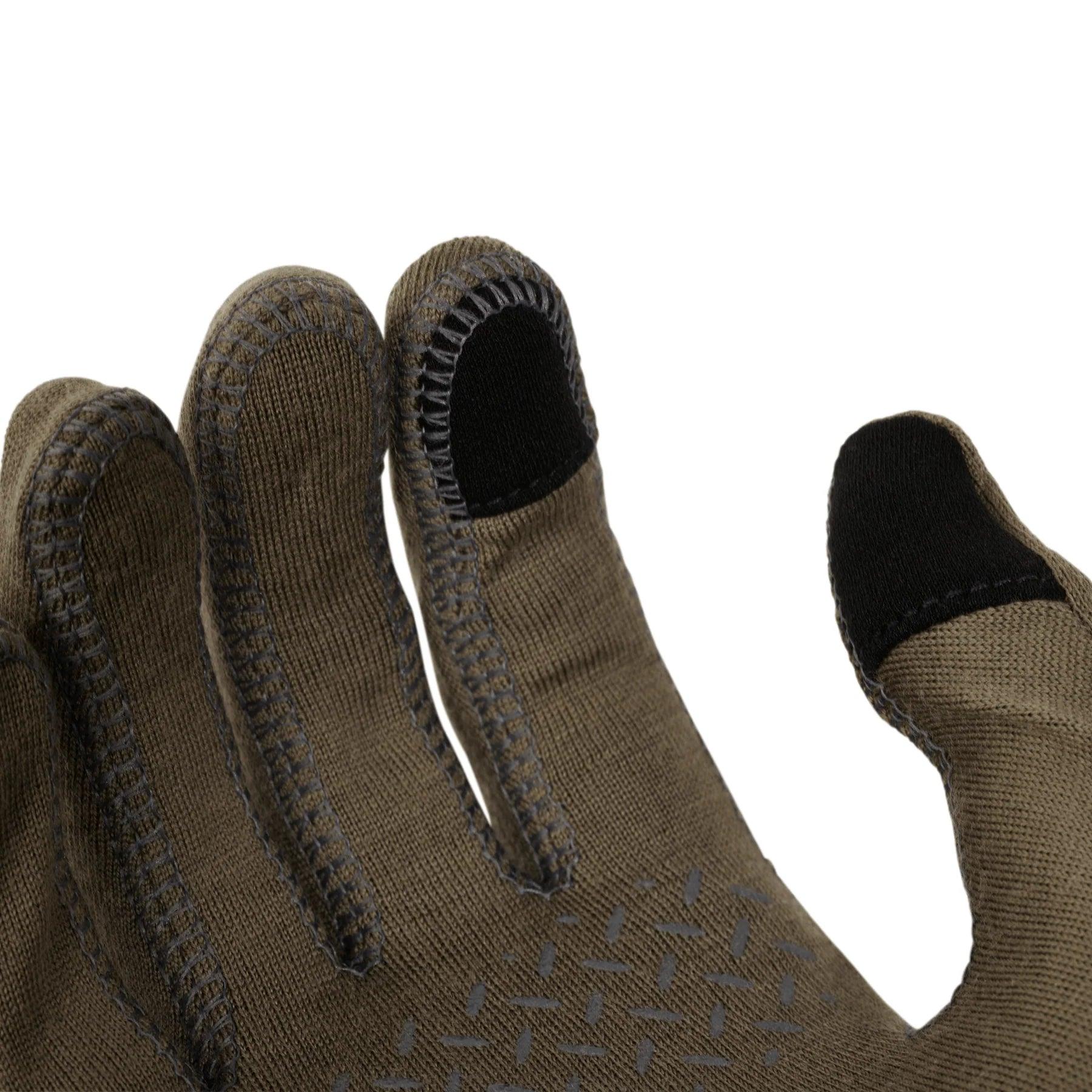 Close-up of brown work glove with black touchscreen fingertips and textured grip palm
