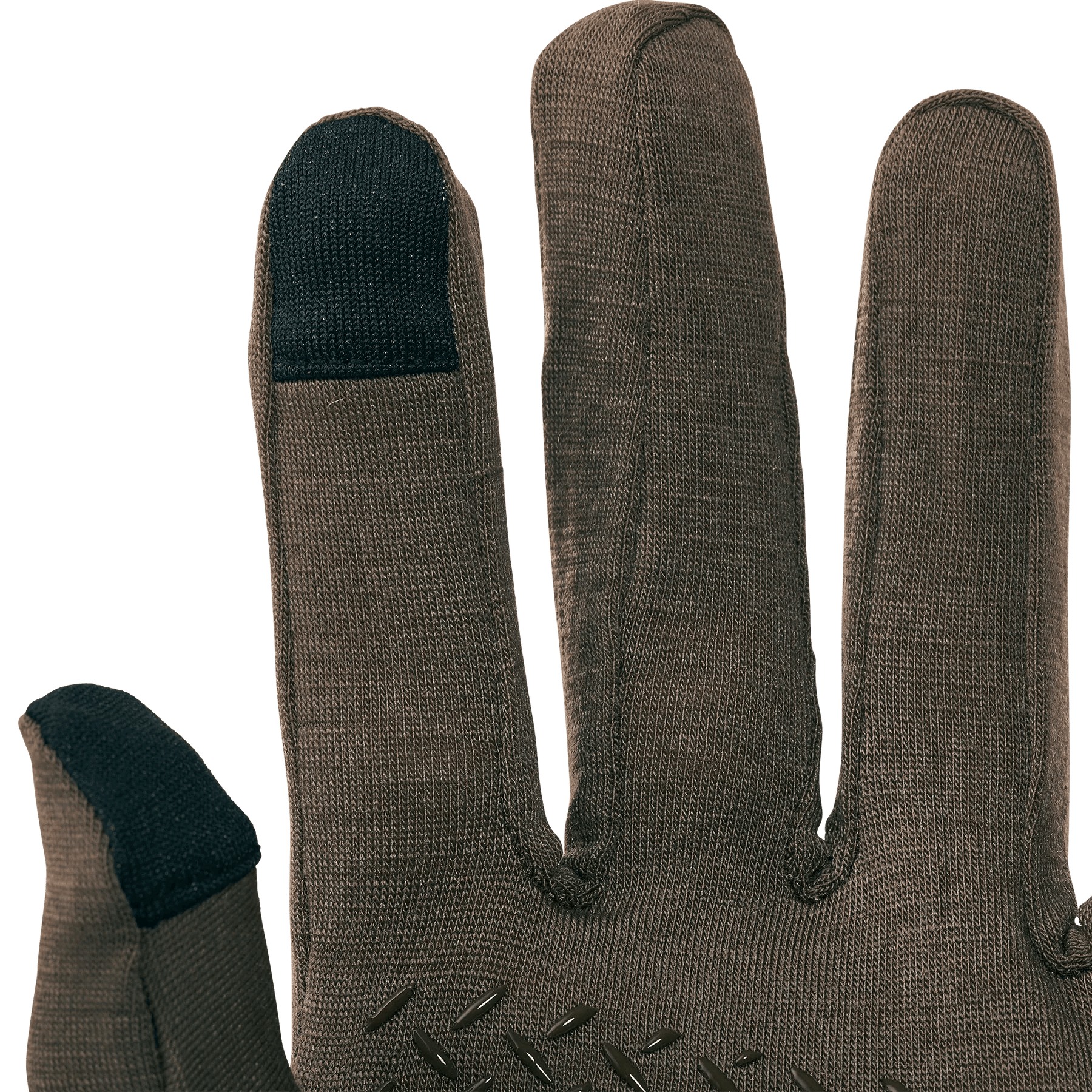 Close-up of a brown touchscreen glove with textured fingertips on a blue background