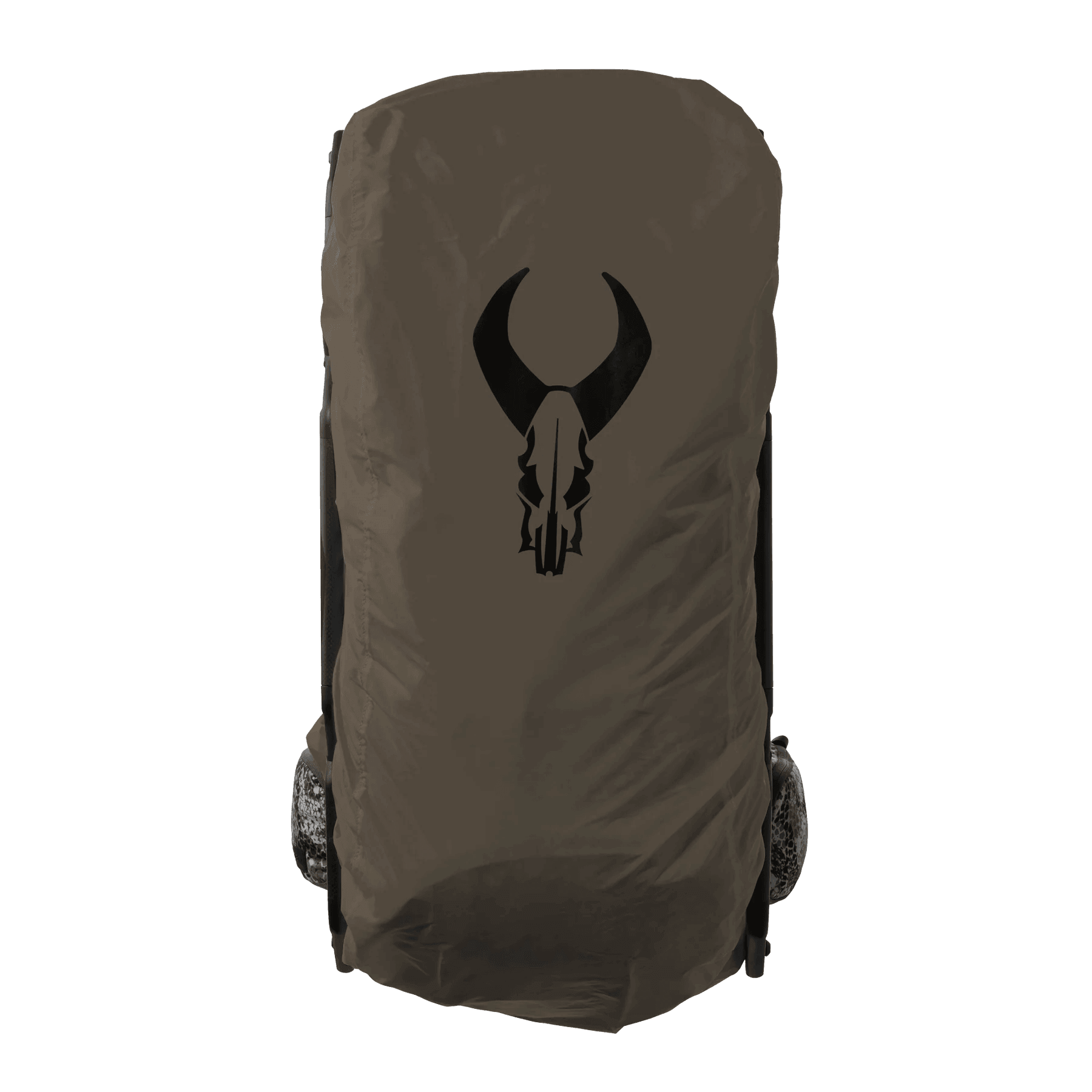Badlands rain cover for backpack in brown with black skull logo, outdoor gear