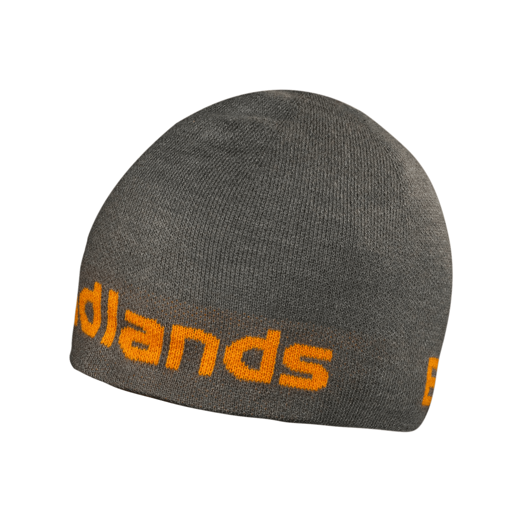 Gray Badlands reversible beanie with orange logo text, outdoor sports apparel