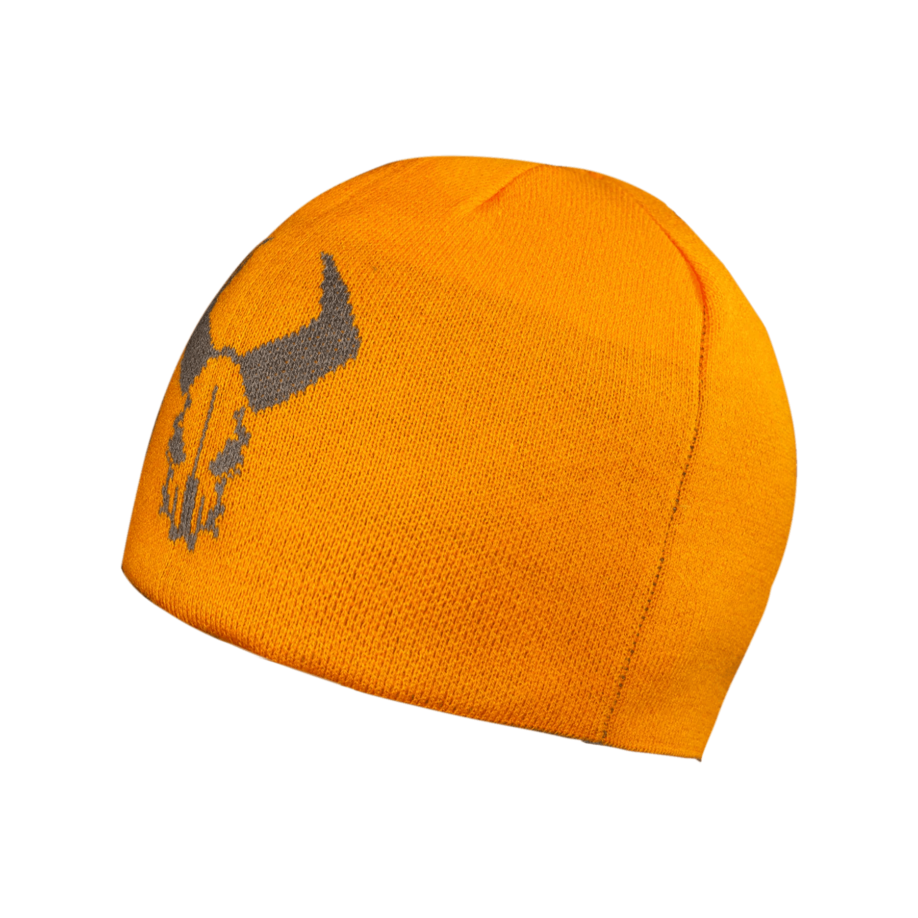 Orange Badlands reversible beanie with gray skull logo, outdoor sports apparel