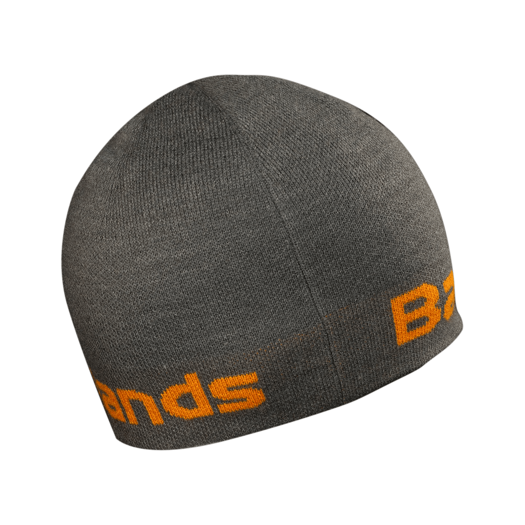 Gray Badlands reversible beanie with orange lettering on side, isolated on blue background