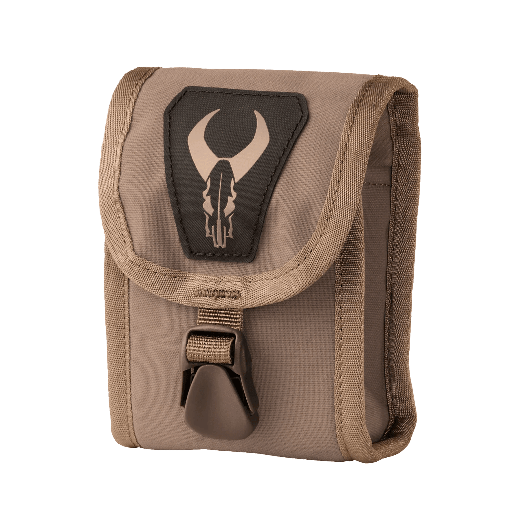 Tan Badlands RF case pouch with buckle and skull logo, outdoor gear product
