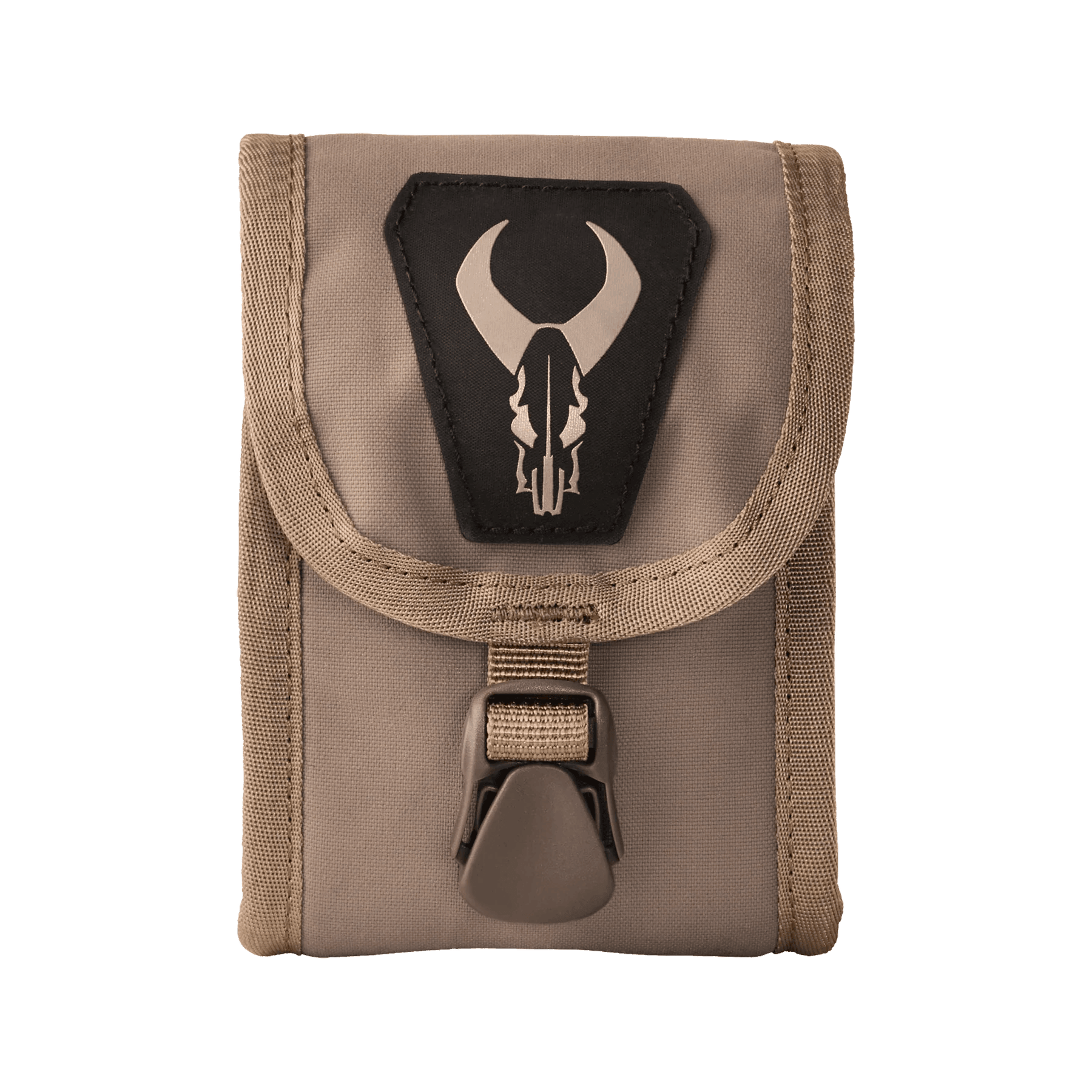 Tan Badlands RF case with skull logo, secure buckle, hunting gear accessory