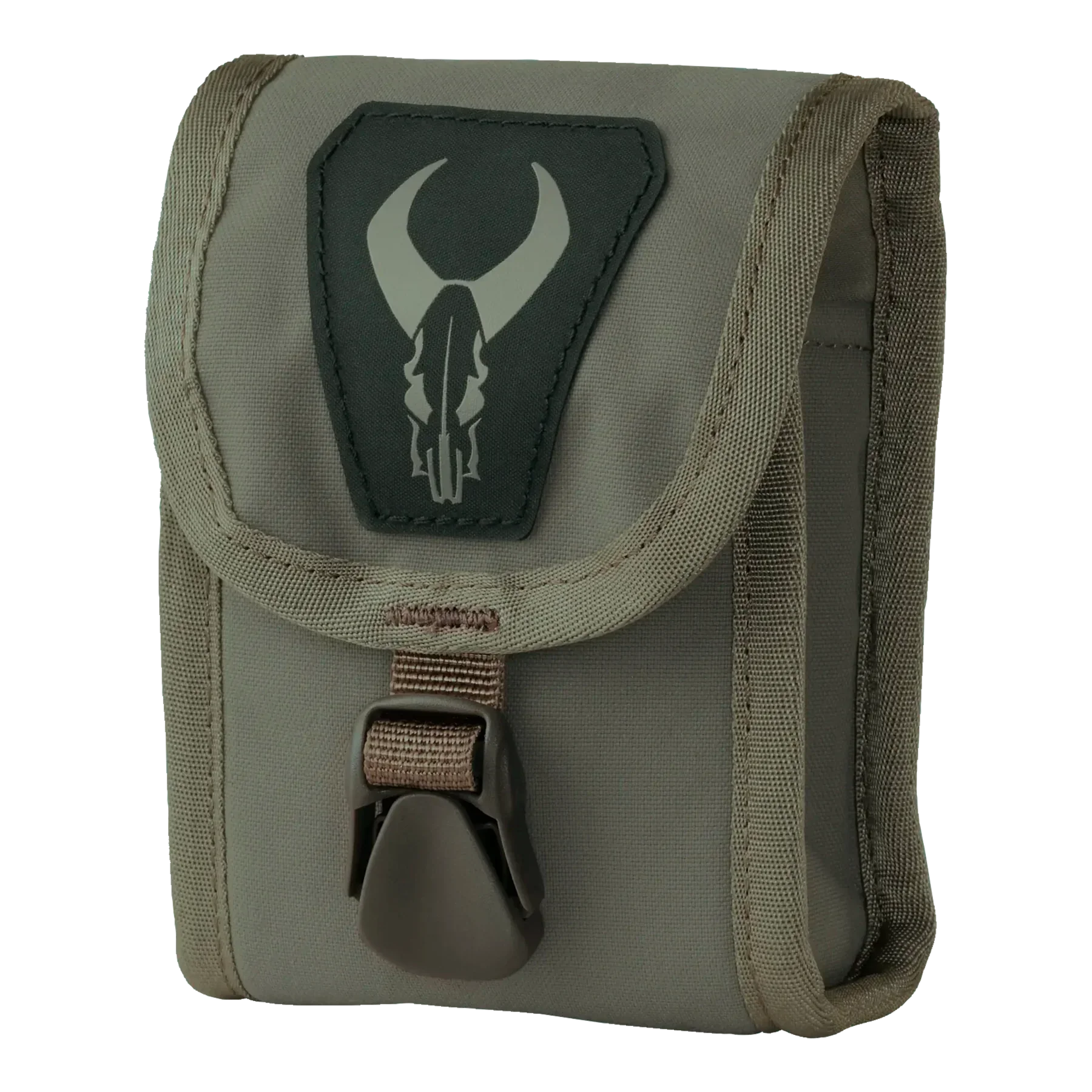 Coyote brown tactical pouch with skull logo and secure buckle closure