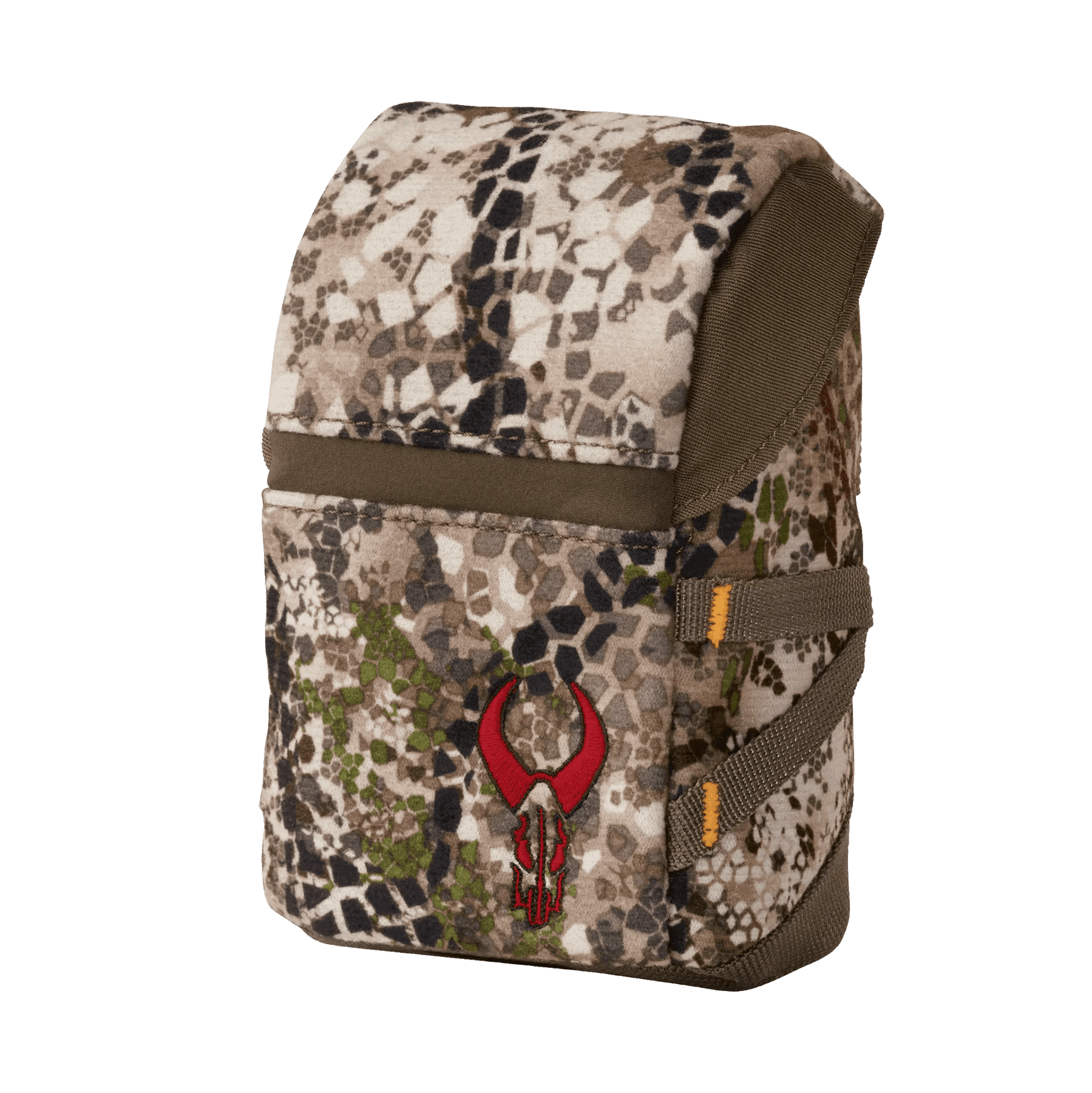 Badlands RF Mag Case camouflage pattern with red skull logo on front, outdoor gear pouch