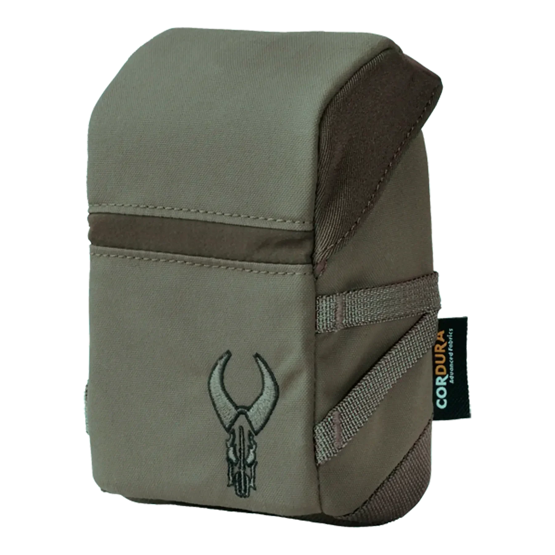 Brown Cordura pouch with horned skull embroidery and side straps