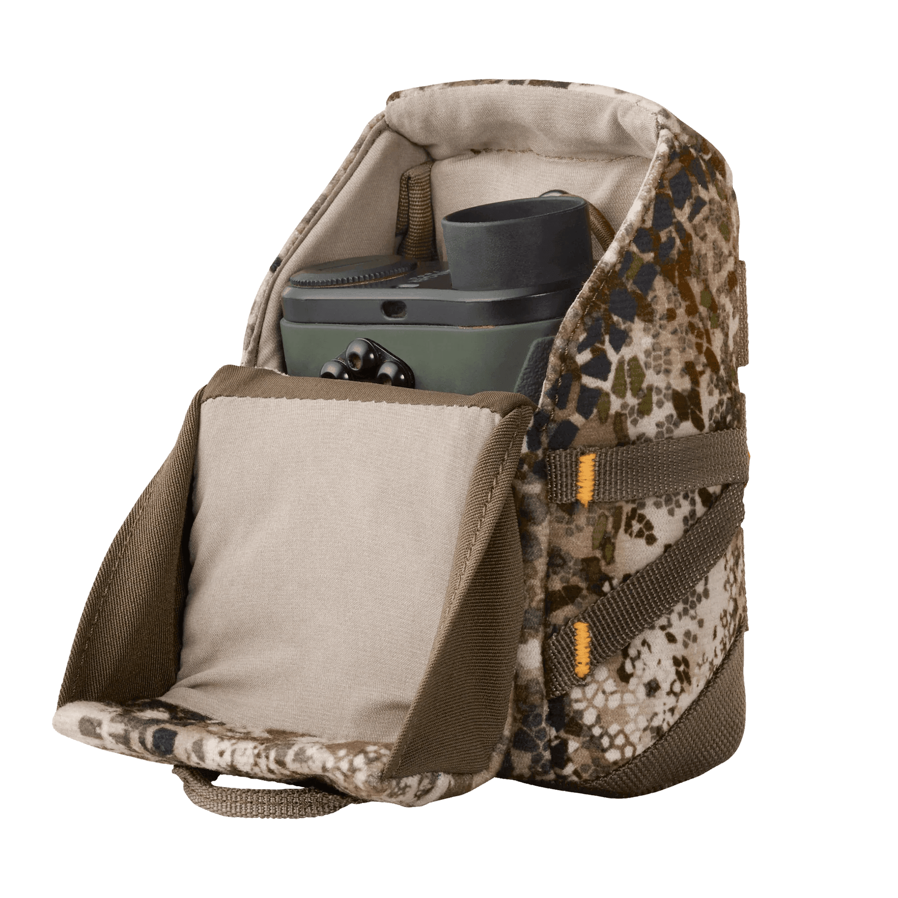 Camo Badlands RF Mag Case with open flap and rangefinder inside