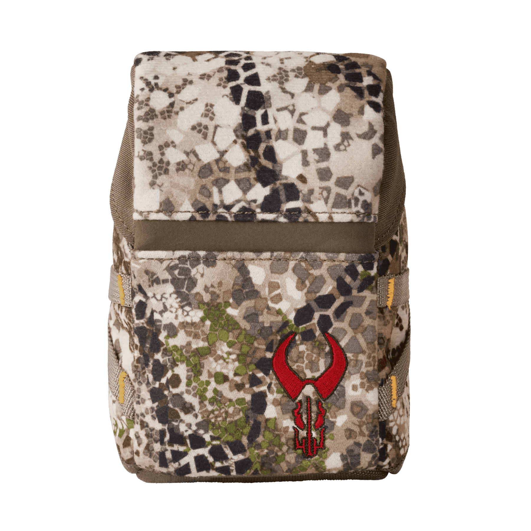 Badlands RF Mag Case in camo pattern with red horned skull logo, hunting gear pouch