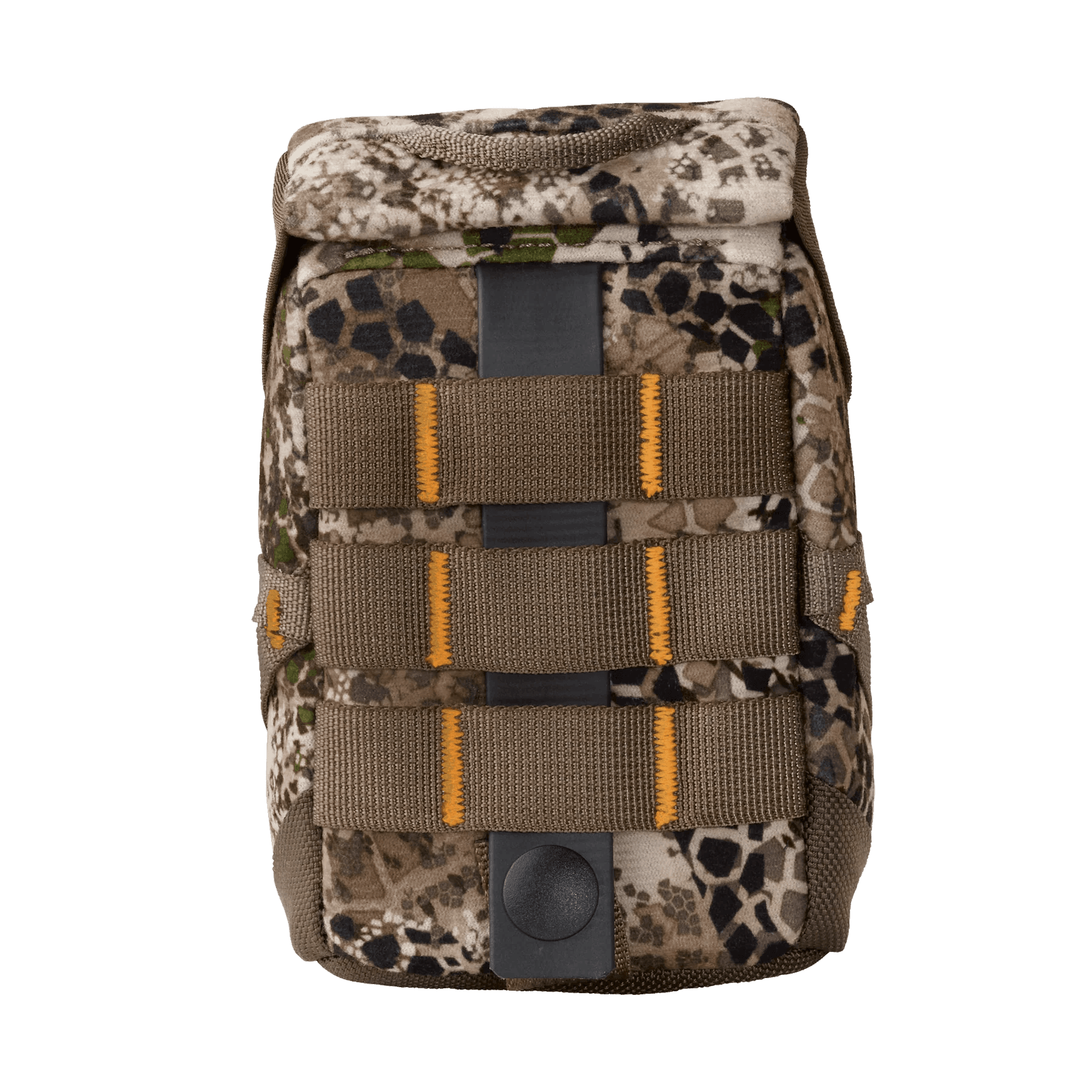 Camo print tactical magazine pouch with MOLLE webbing and orange stitching