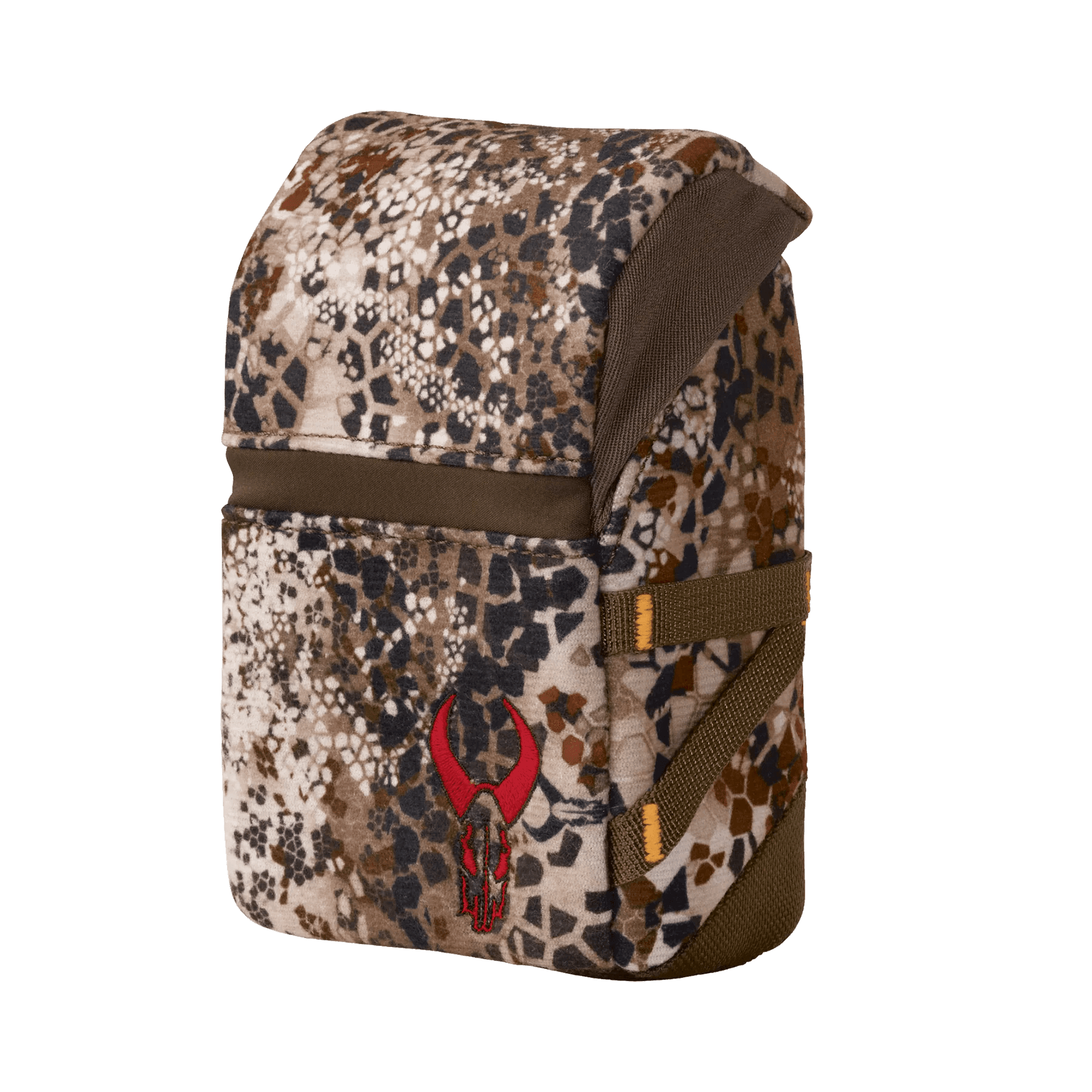Badlands RF Mag Case camo pouch with red skull logo on front, outdoor gear