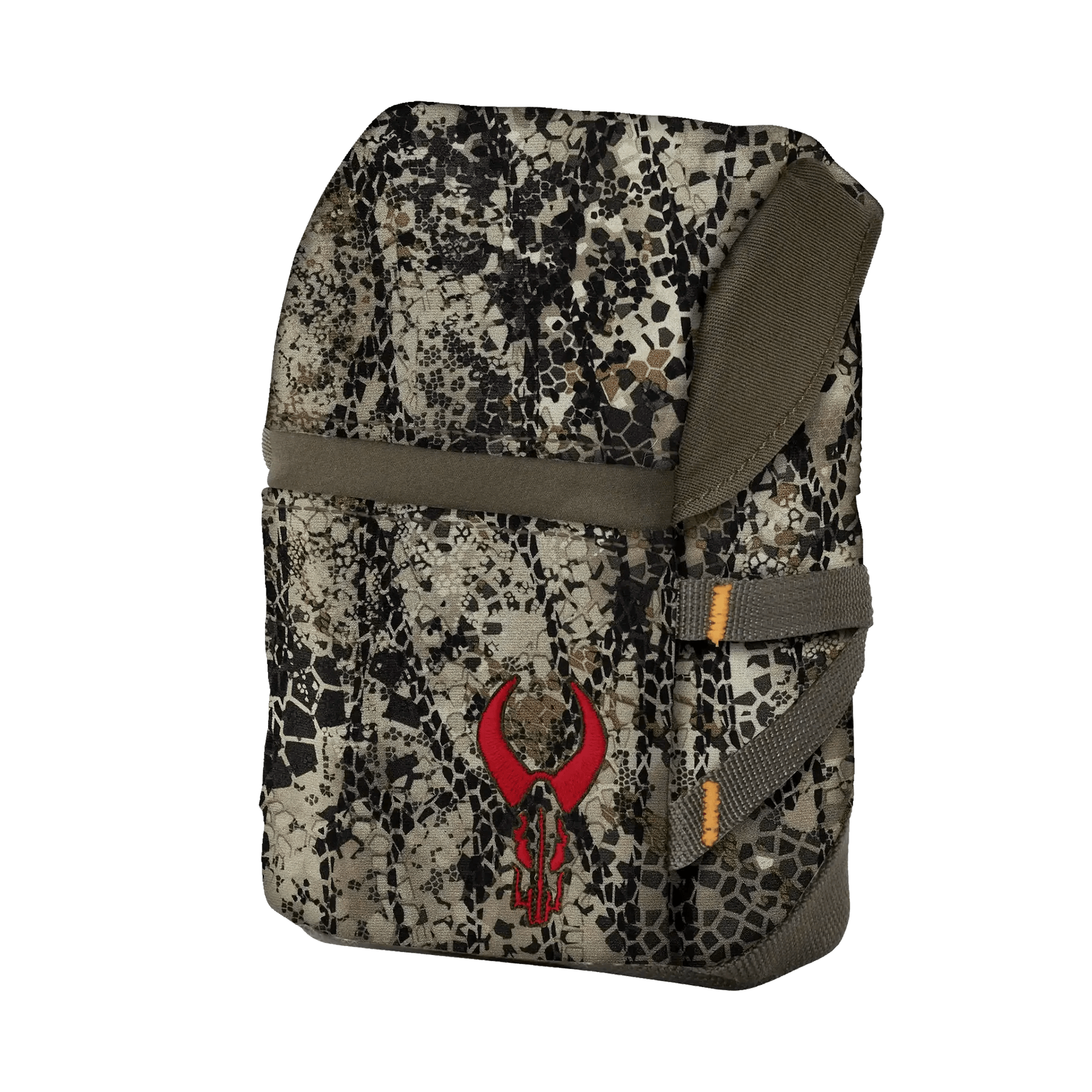 Camo backpack with red horned skull logo and tactical straps