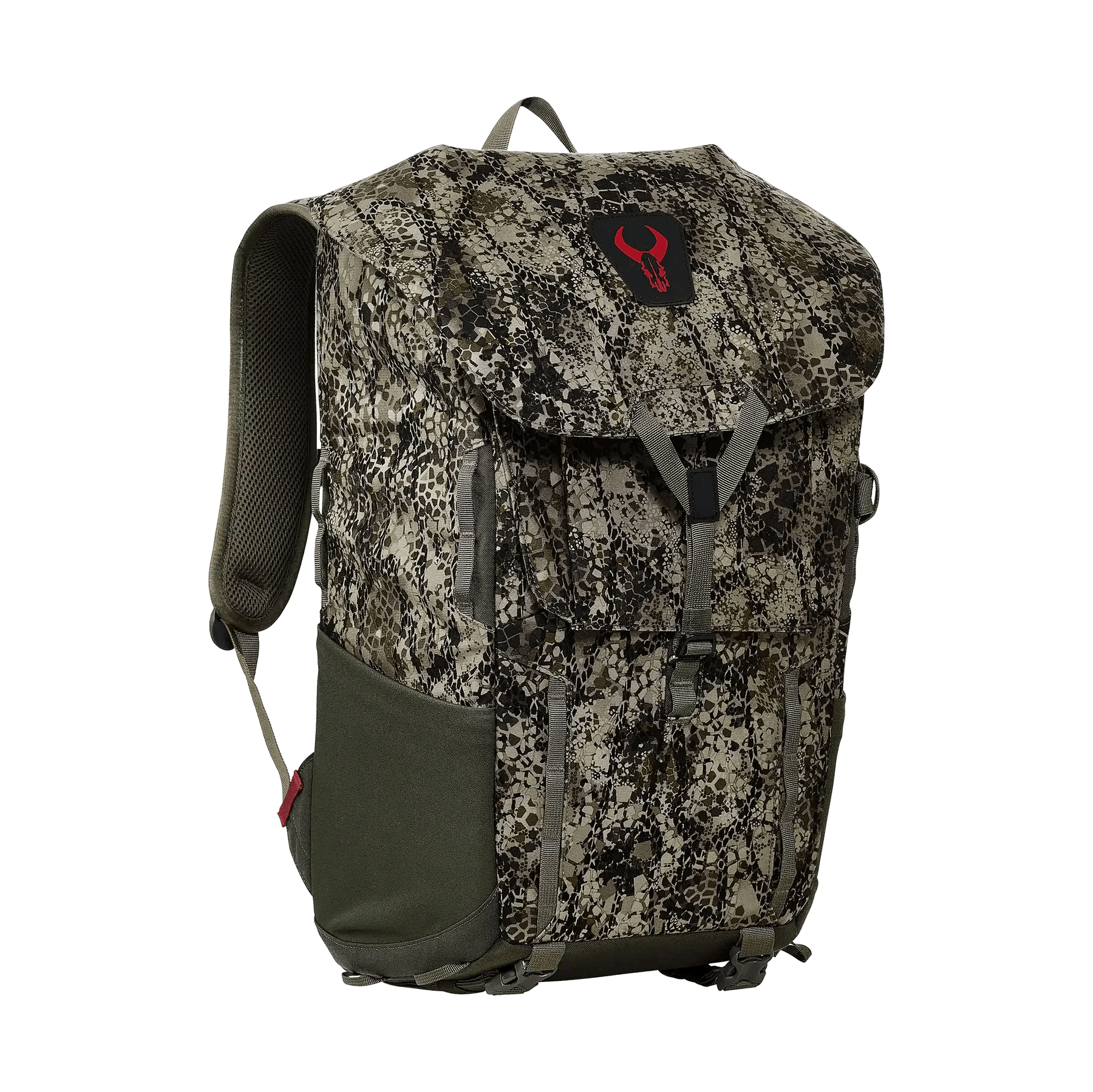 Camo hunting backpack with padded straps and red bull skull logo on flap