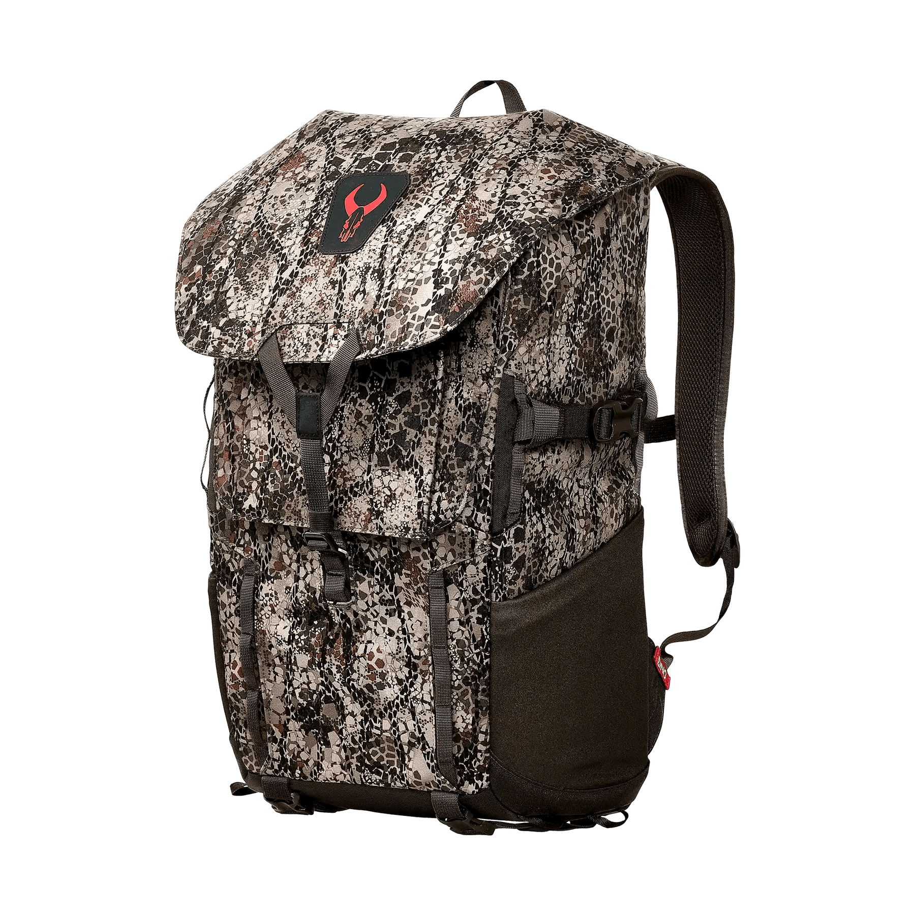 Camouflage hiking backpack with top flap and red logo on a plain background