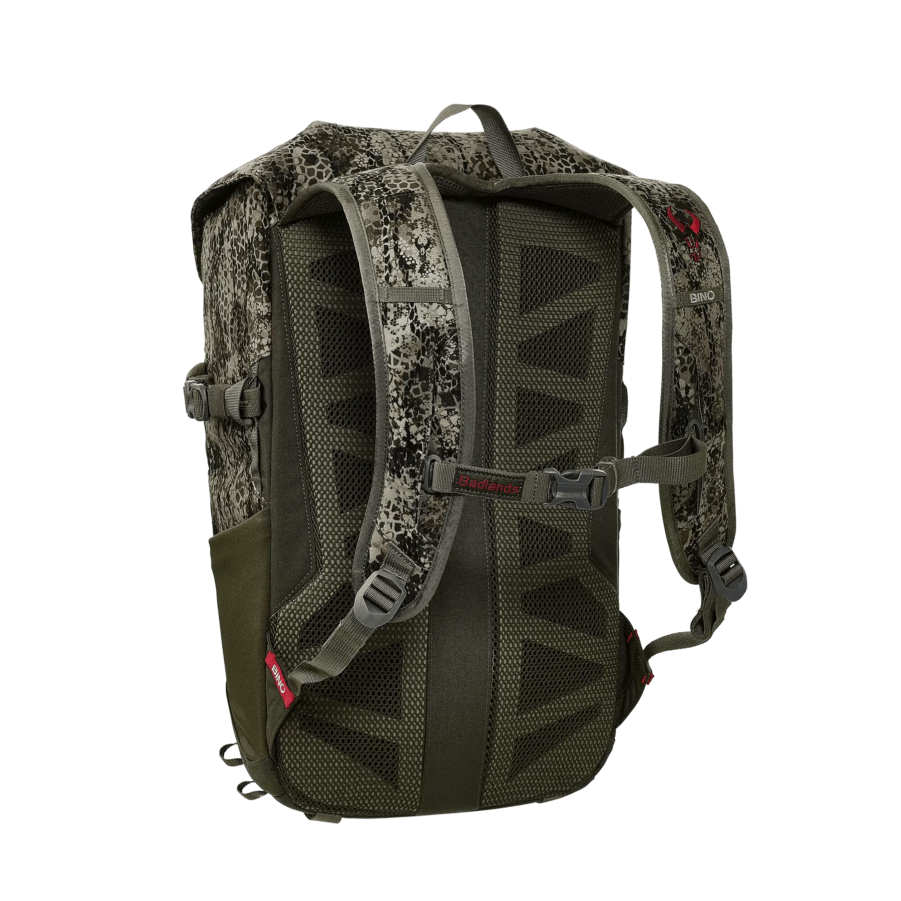 Camo hunting backpack with mesh straps and Badlands logo on green background