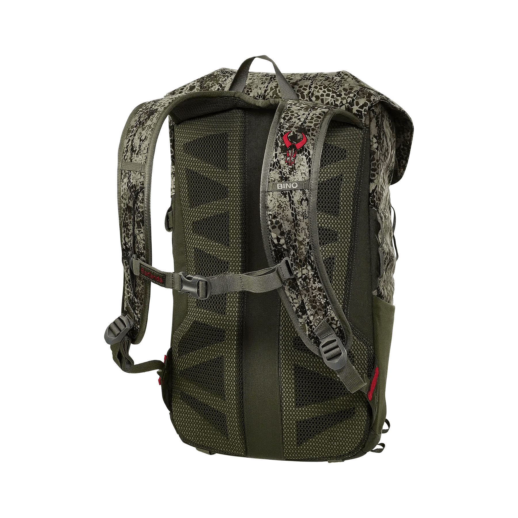 Camo hiking backpack with padded straps and mesh back panel on blue background