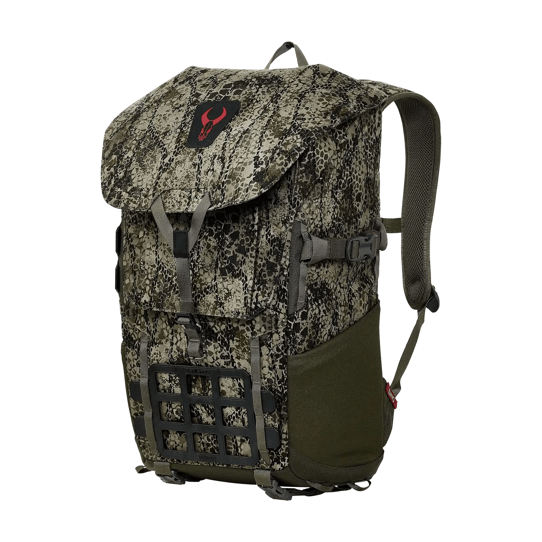 Camouflage hunting backpack with MOLLE webbing and red bull skull logo on flap