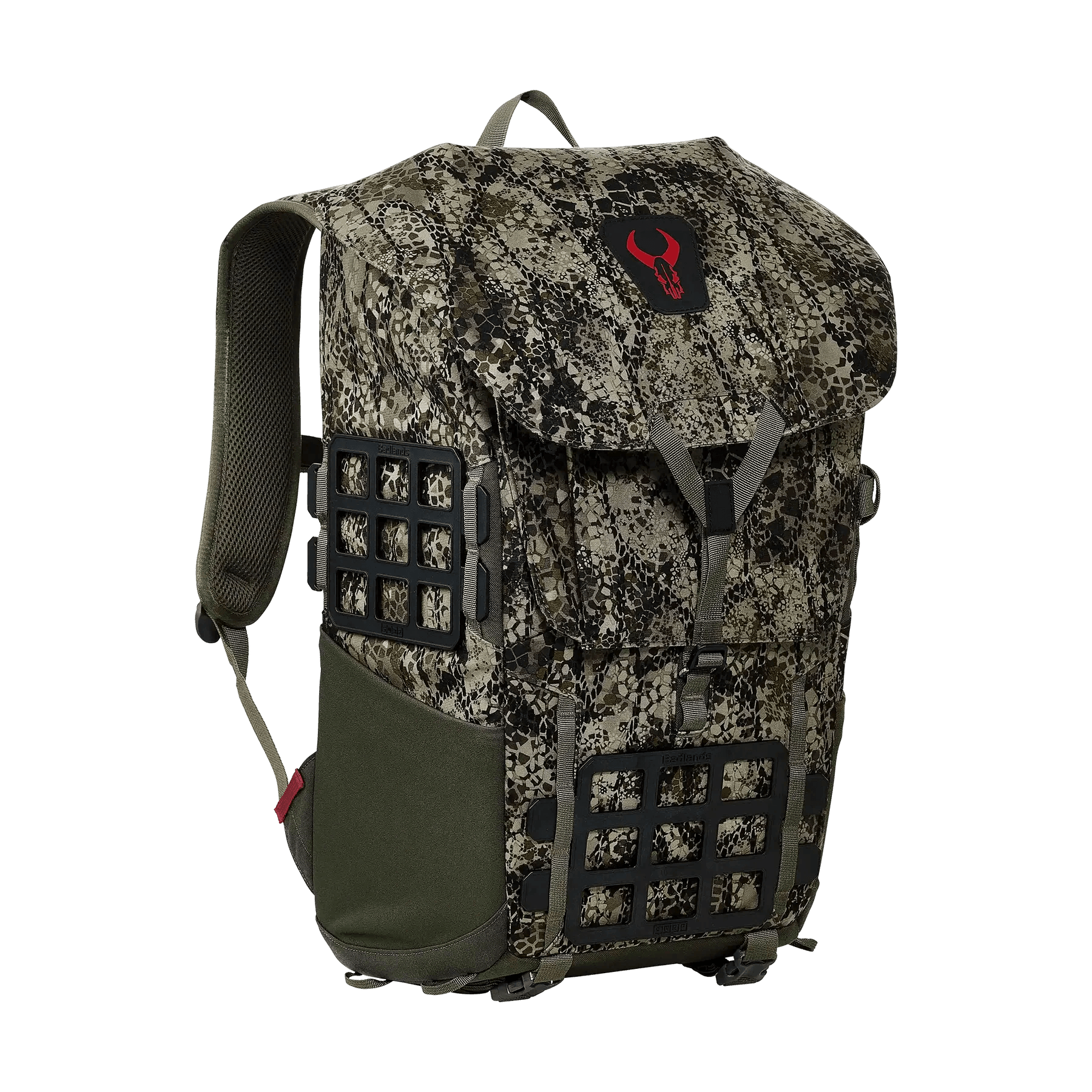Camo tactical backpack with black grid panels, padded straps, and red bull logo patch