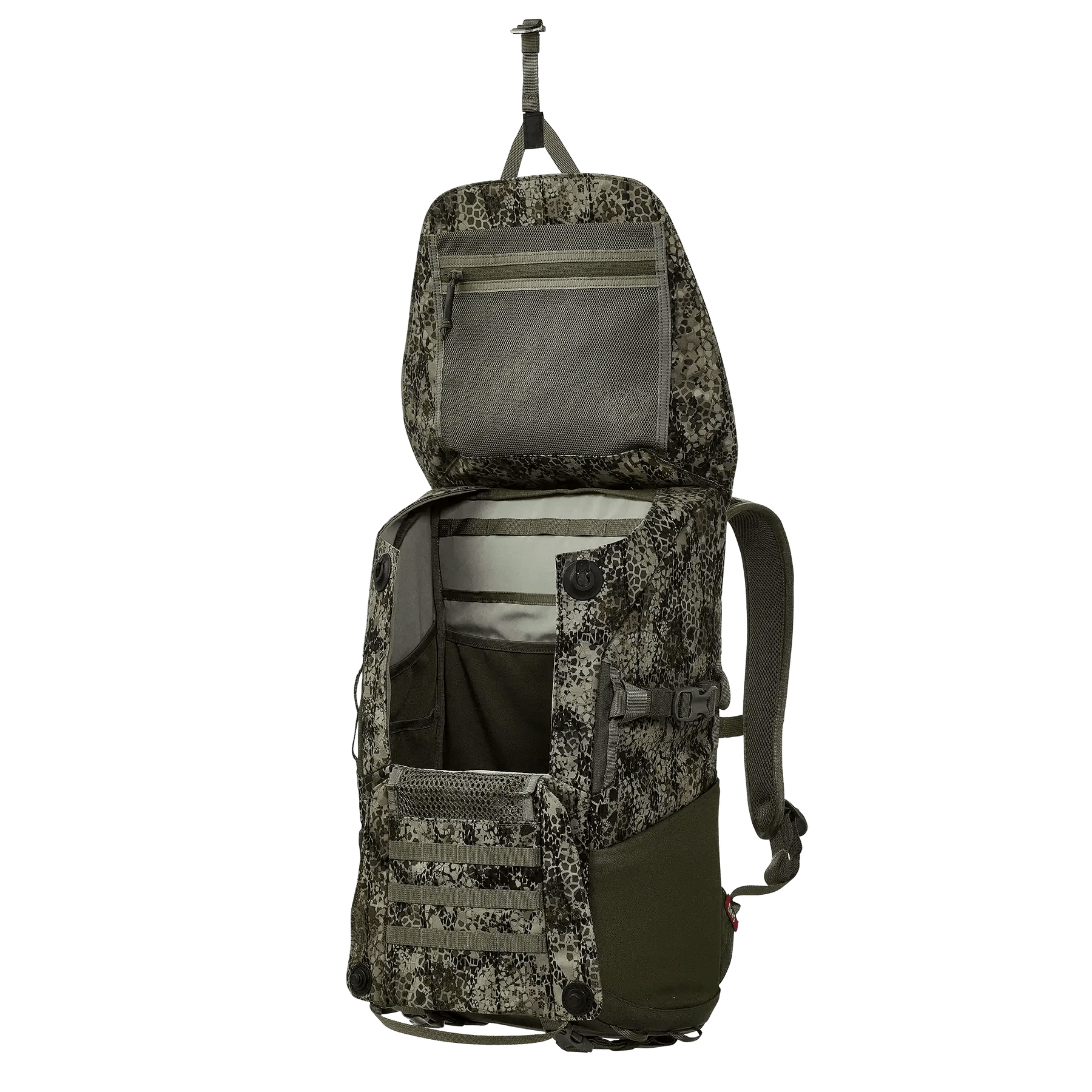 Open camouflage tactical backpack with multiple compartments and mesh organizer pockets