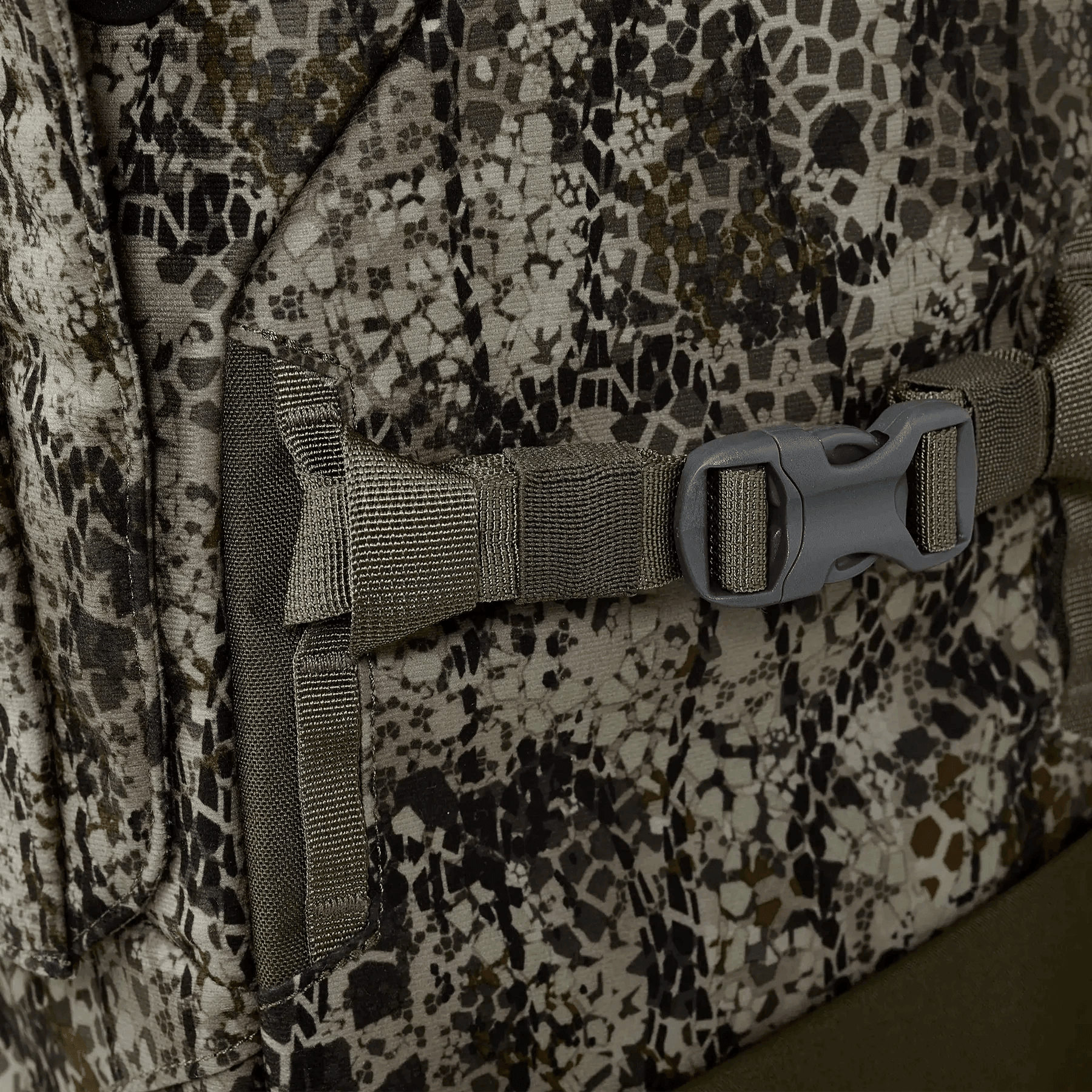 Close-up of camouflage backpack fabric with buckle and strap detail