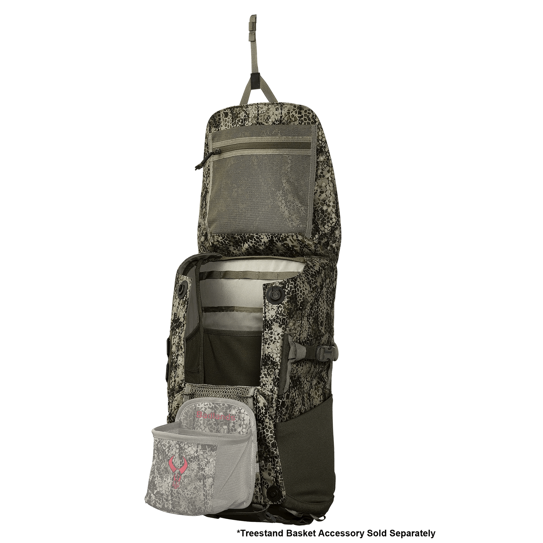 Open camouflage hunting backpack with multiple pockets and Badlands logo, hanging upright