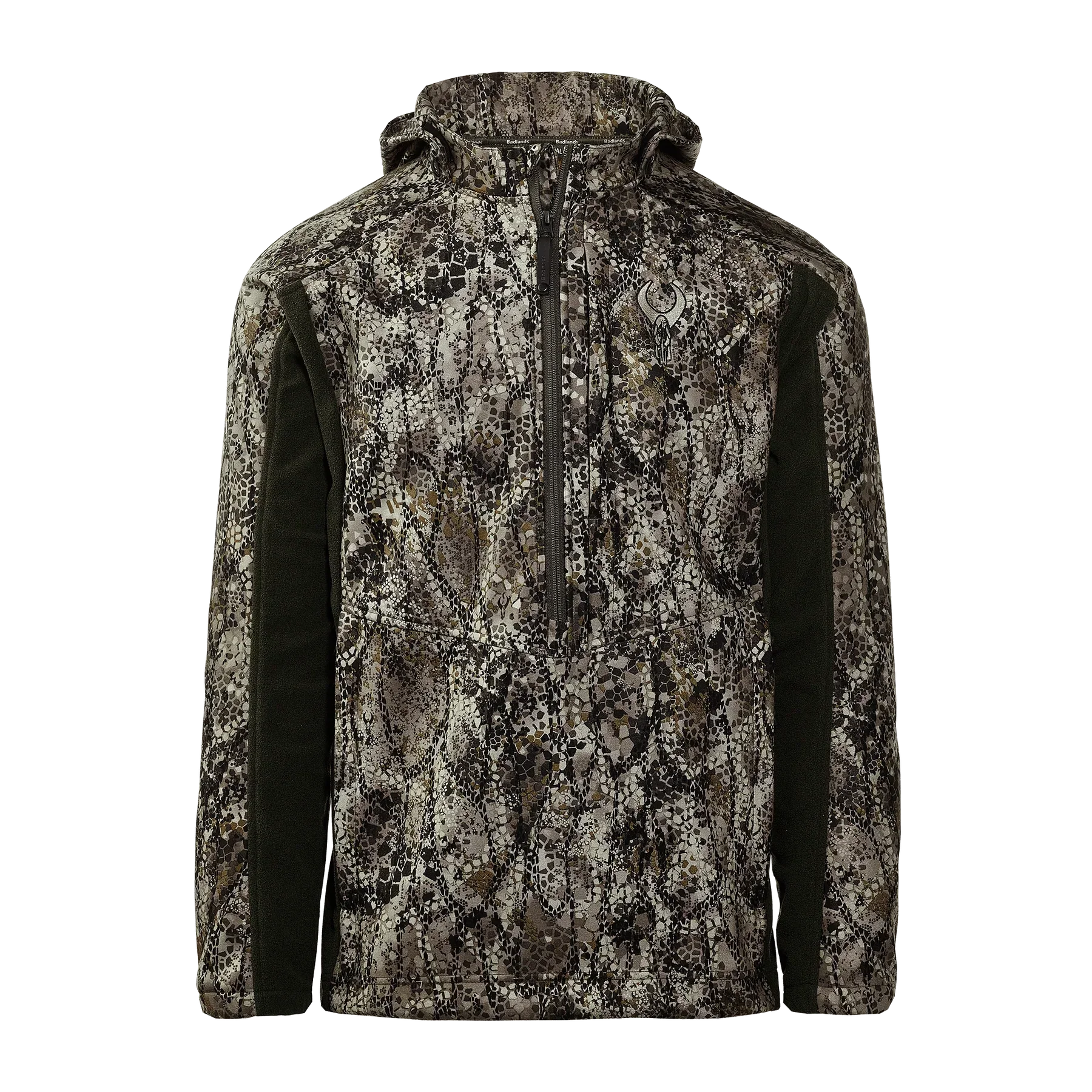 Men's camouflage hunting jacket with half-zip, hood, and green side panels