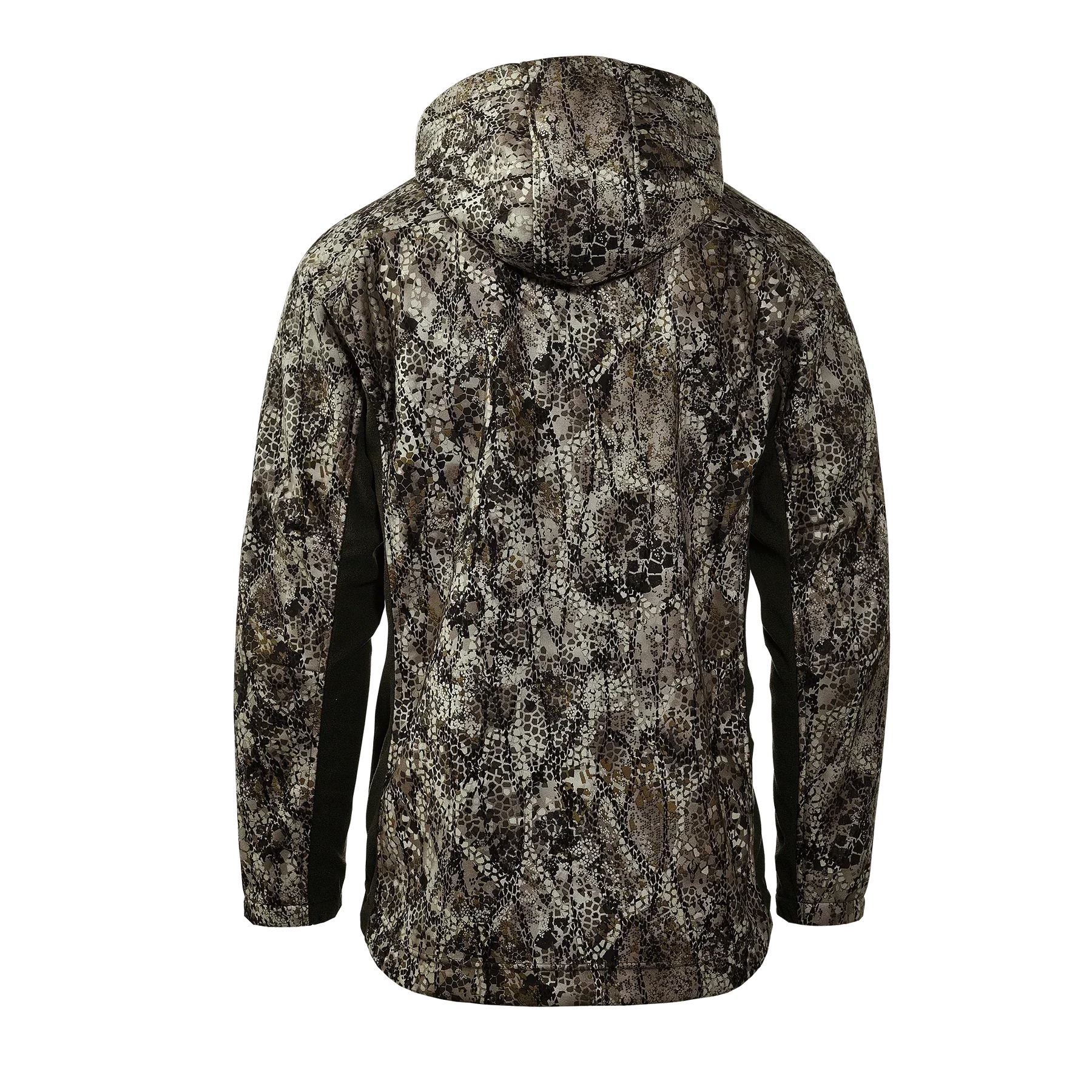Back view of a hooded camouflage hunting jacket with digital camo pattern on black background