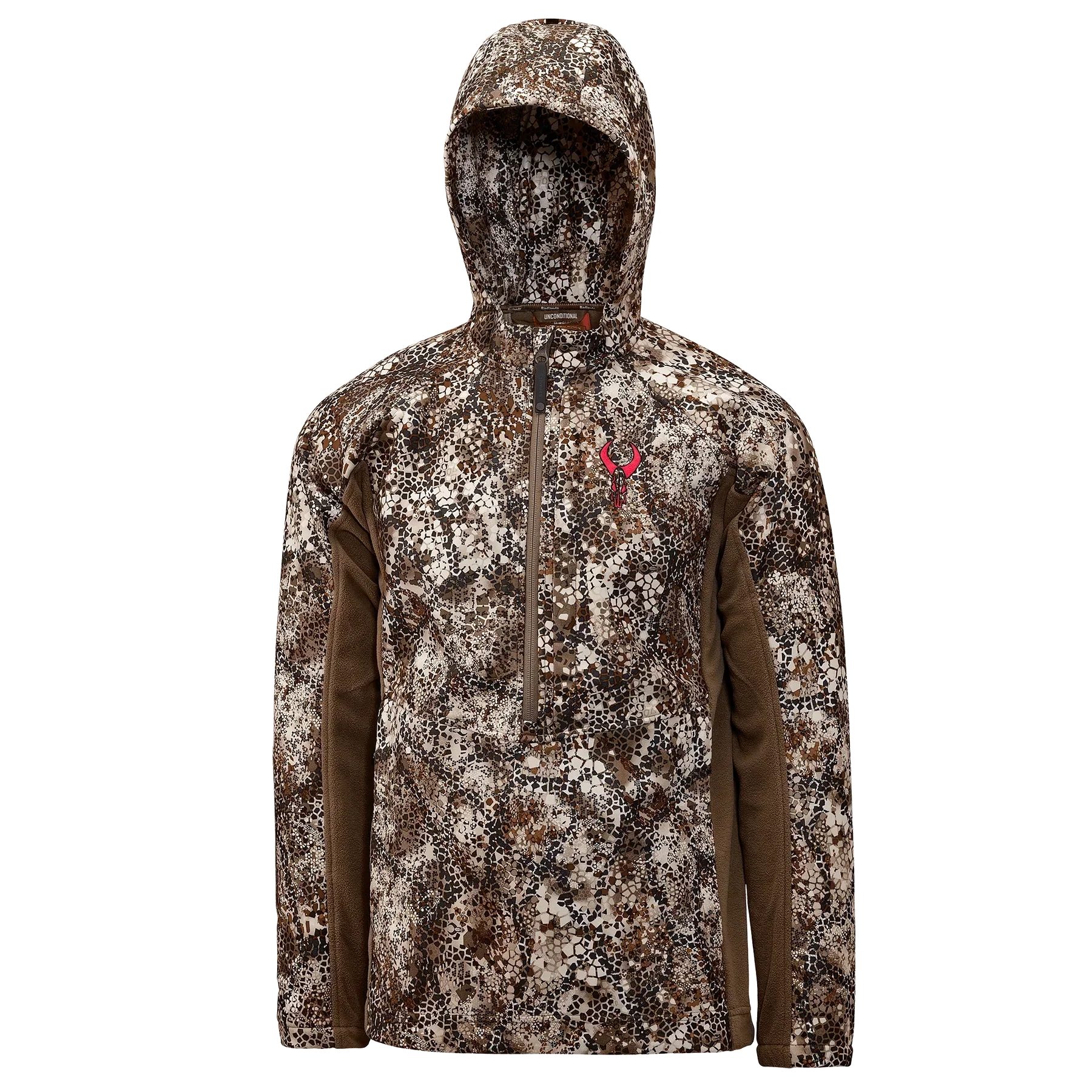 Men's camo hunting jacket with hood, digital camouflage pattern, and red logo on chest