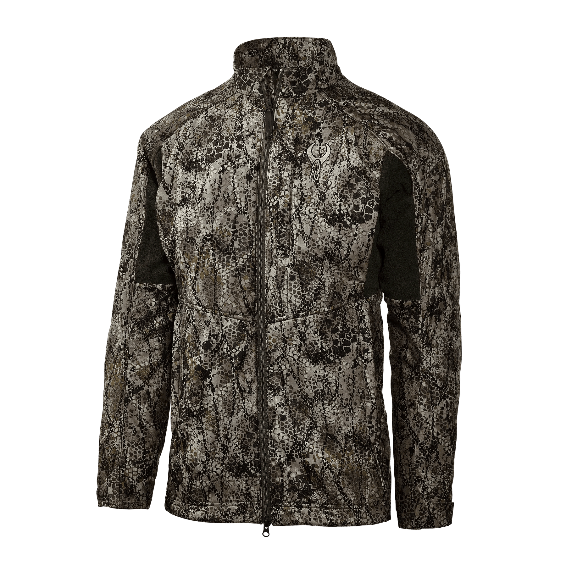 Men's camo hunting jacket with zip closure, high neck, and textured camouflage pattern