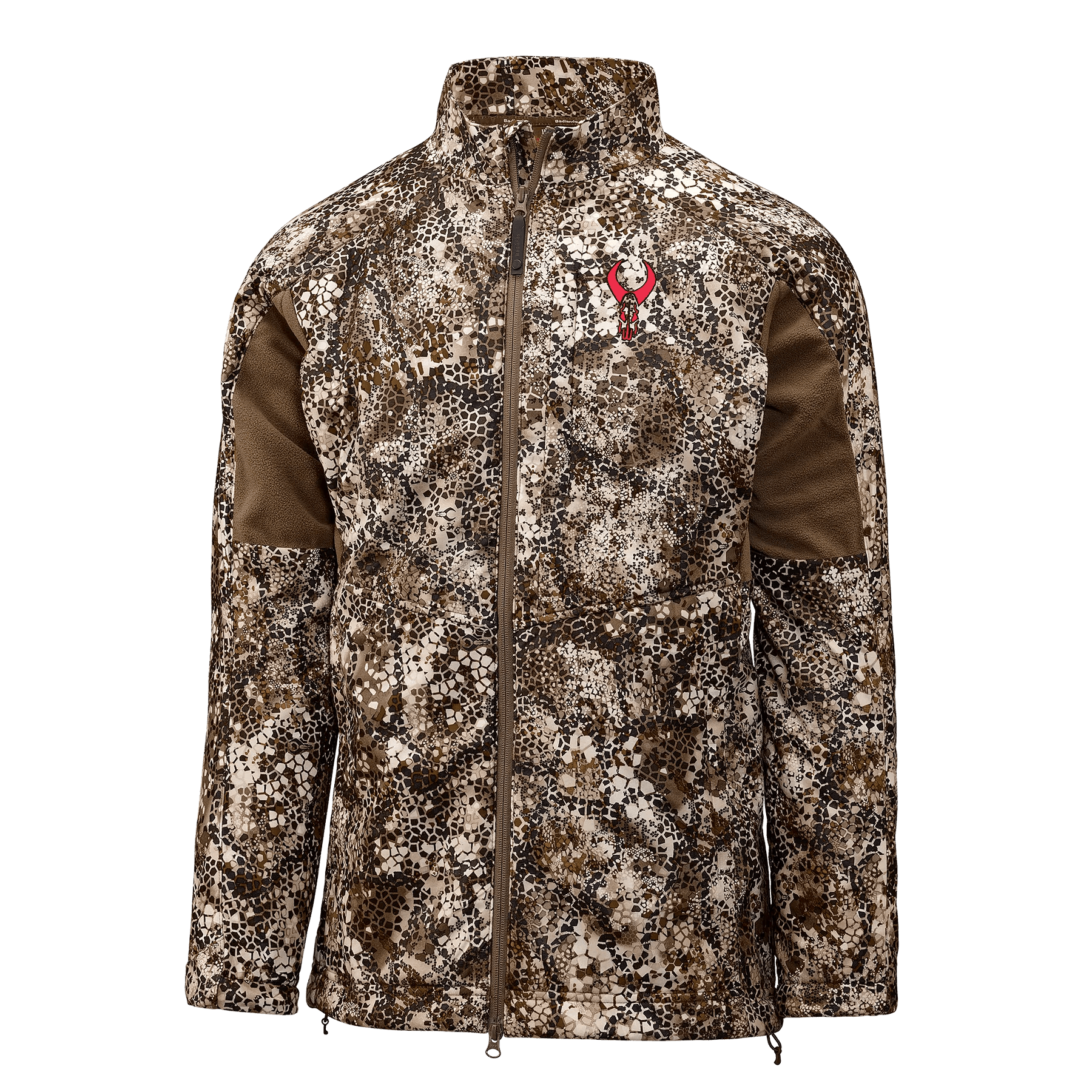 Men's full-zip camo hunting jacket with brown and beige pattern and red antler logo