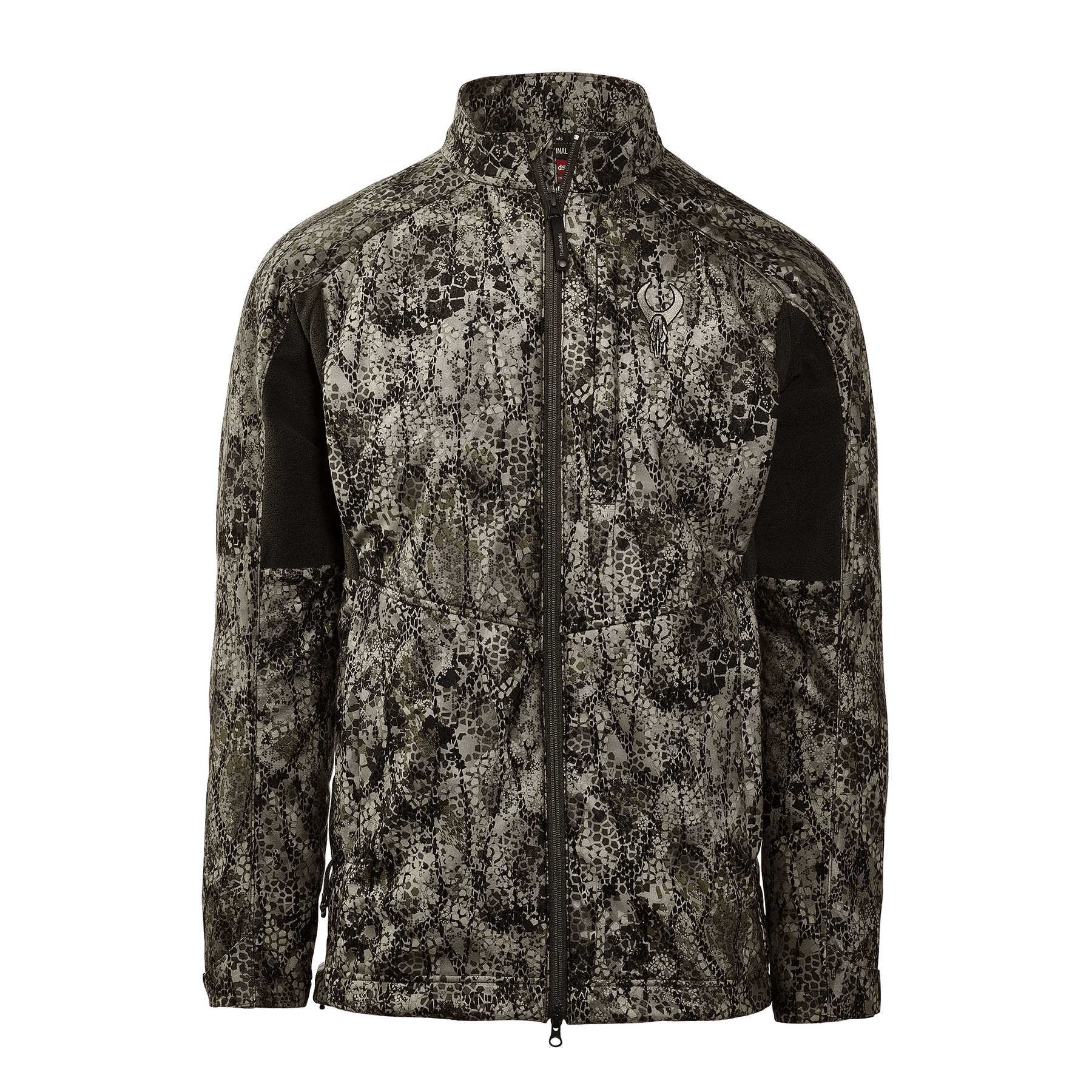Men's camo hunting jacket with zip front and black shoulder panels