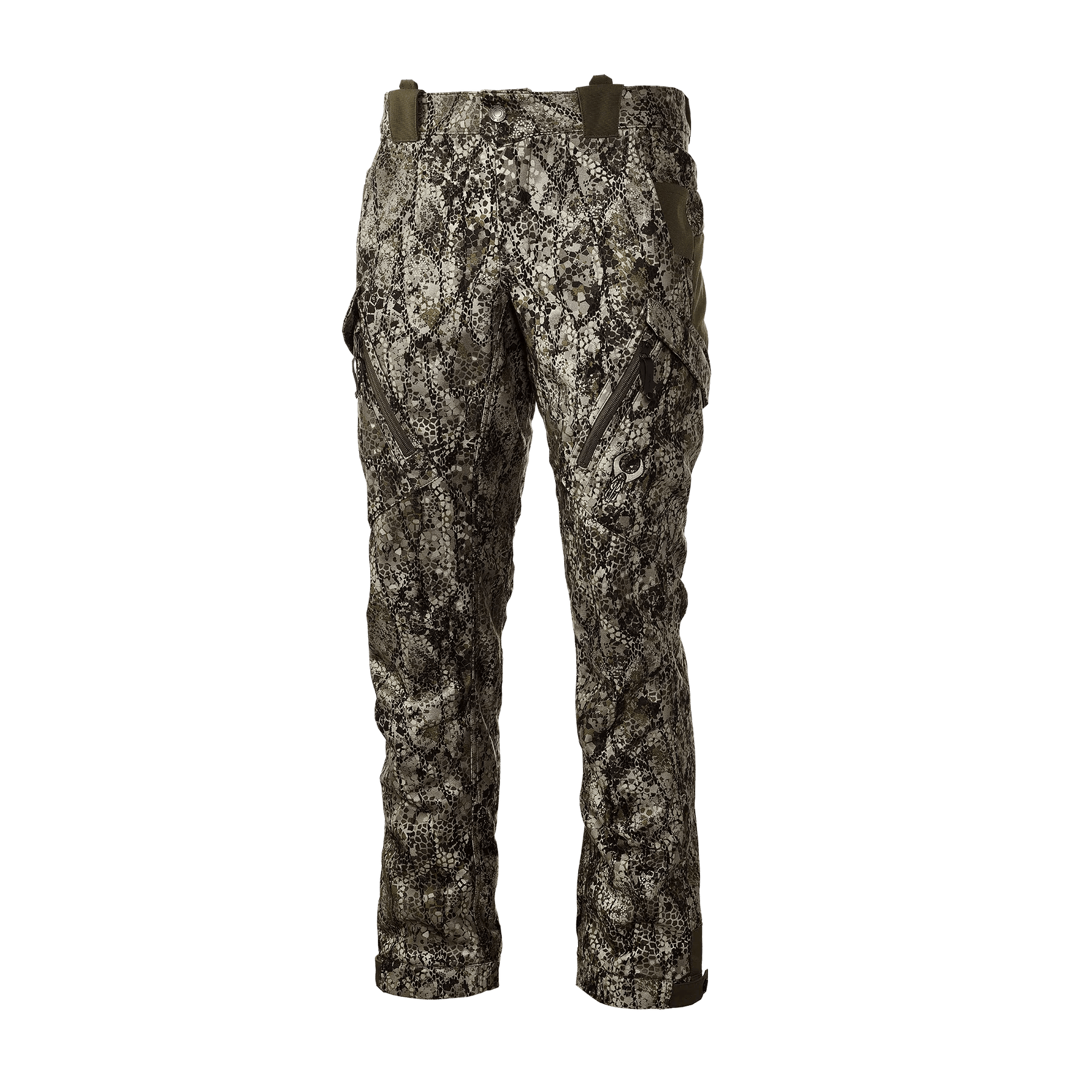 Men's camouflage hunting pants with zippered pockets on a solid background