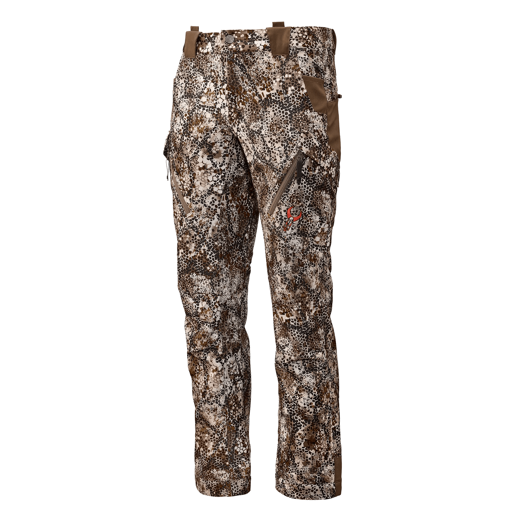 Men's camouflage hunting pants with digital camo pattern and zippered side pockets