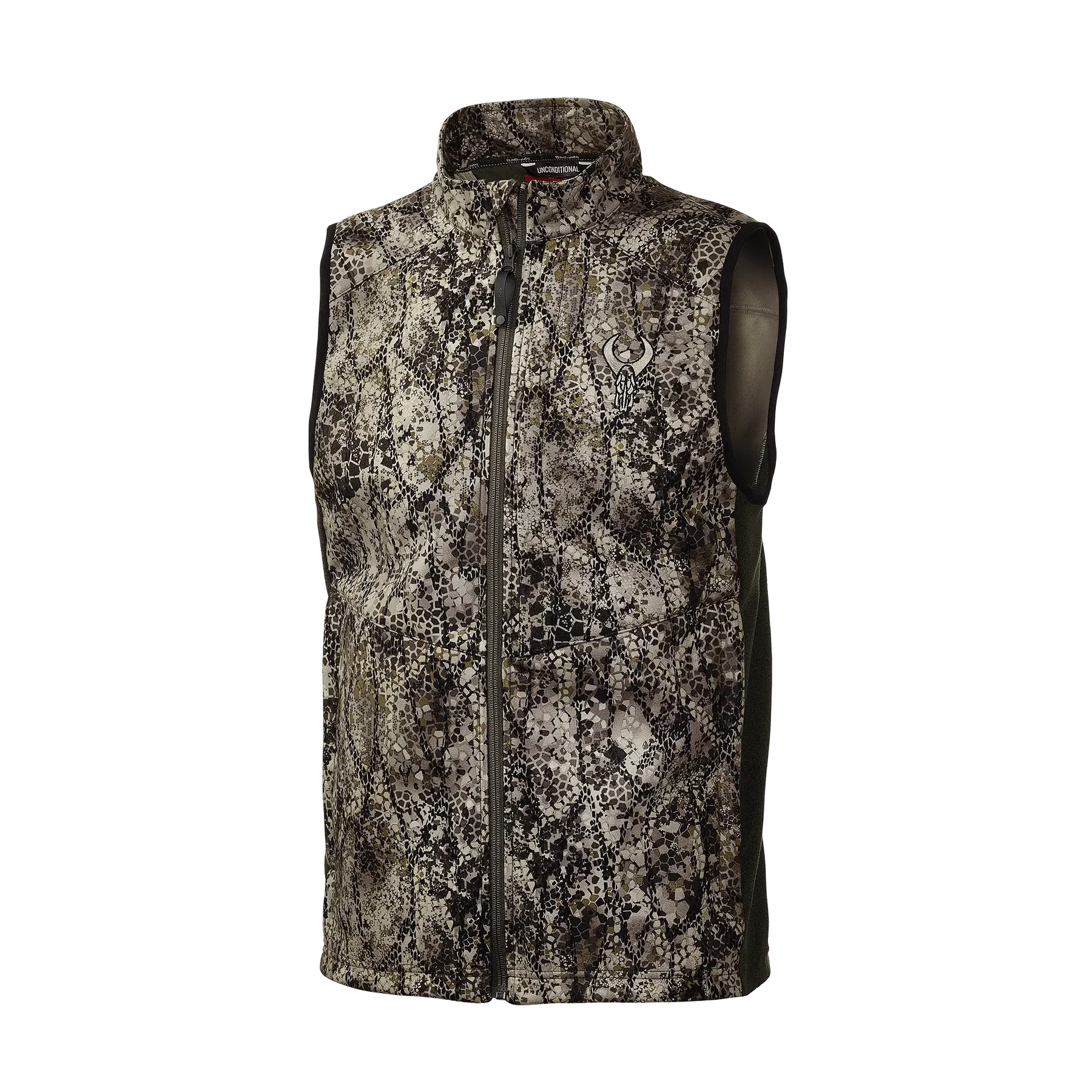 Camo hunting vest with zipper and high collar, tactical outdoor gear