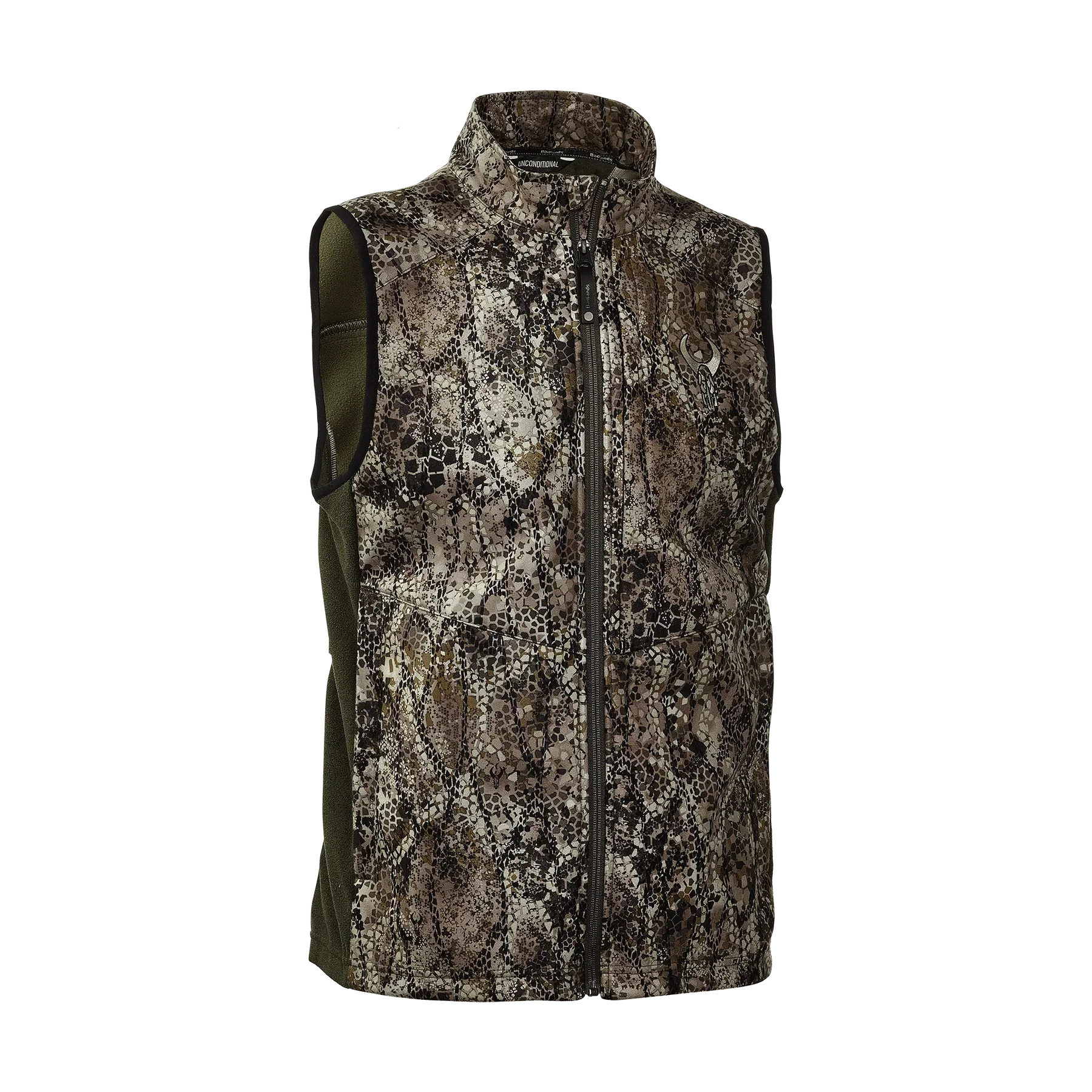 Sleeveless camouflage hunting vest with front zipper and high collar
