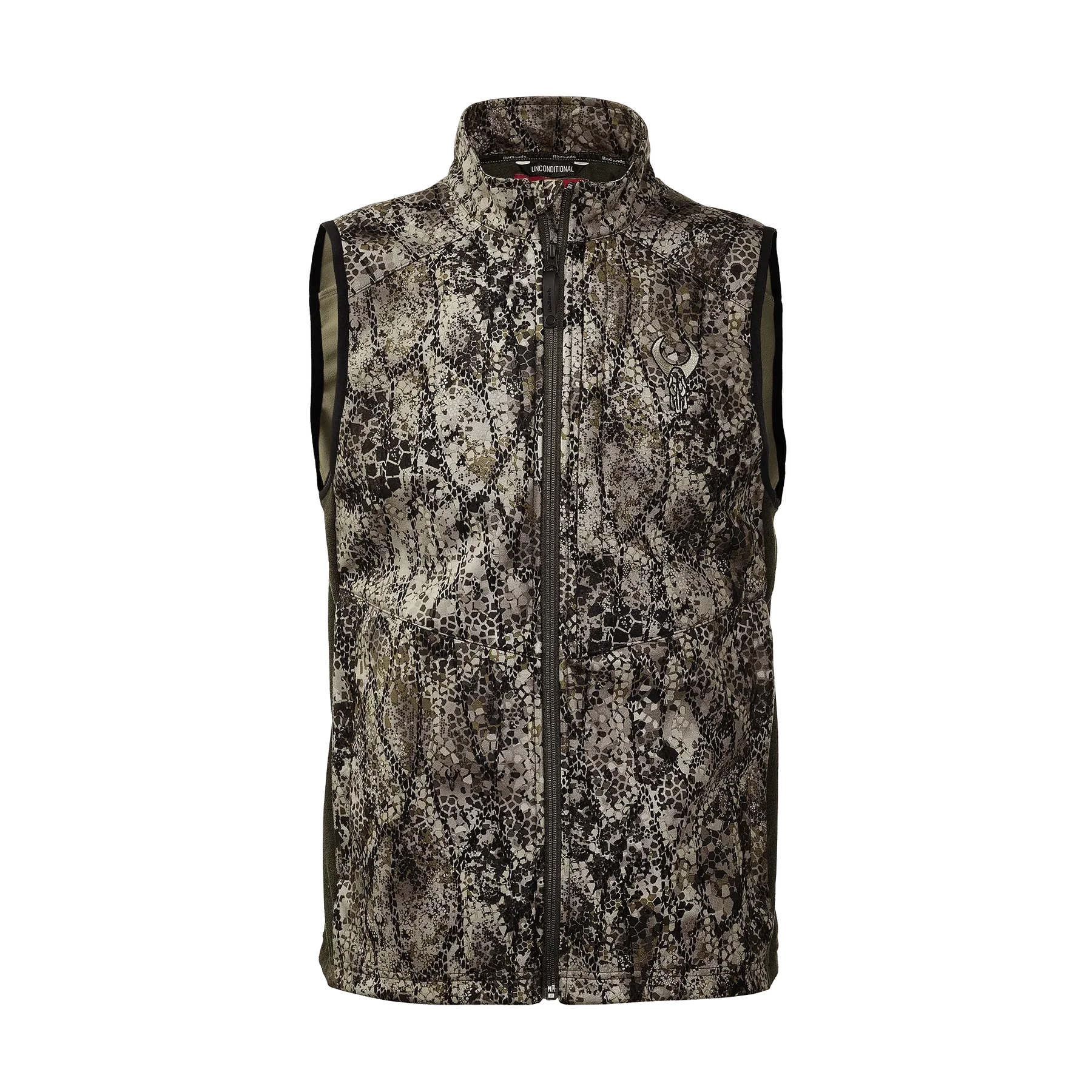 Sleeveless camo hunting vest with zipper front and high collar on plain background